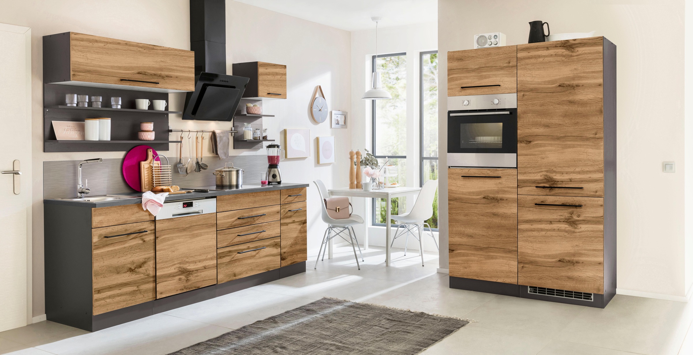 KOCHSTATION Küchenzeile »KS-Tulsa«, mit E-Geräten, Breite 350 cm, schwarze Metallgriffe, MDF Fronten