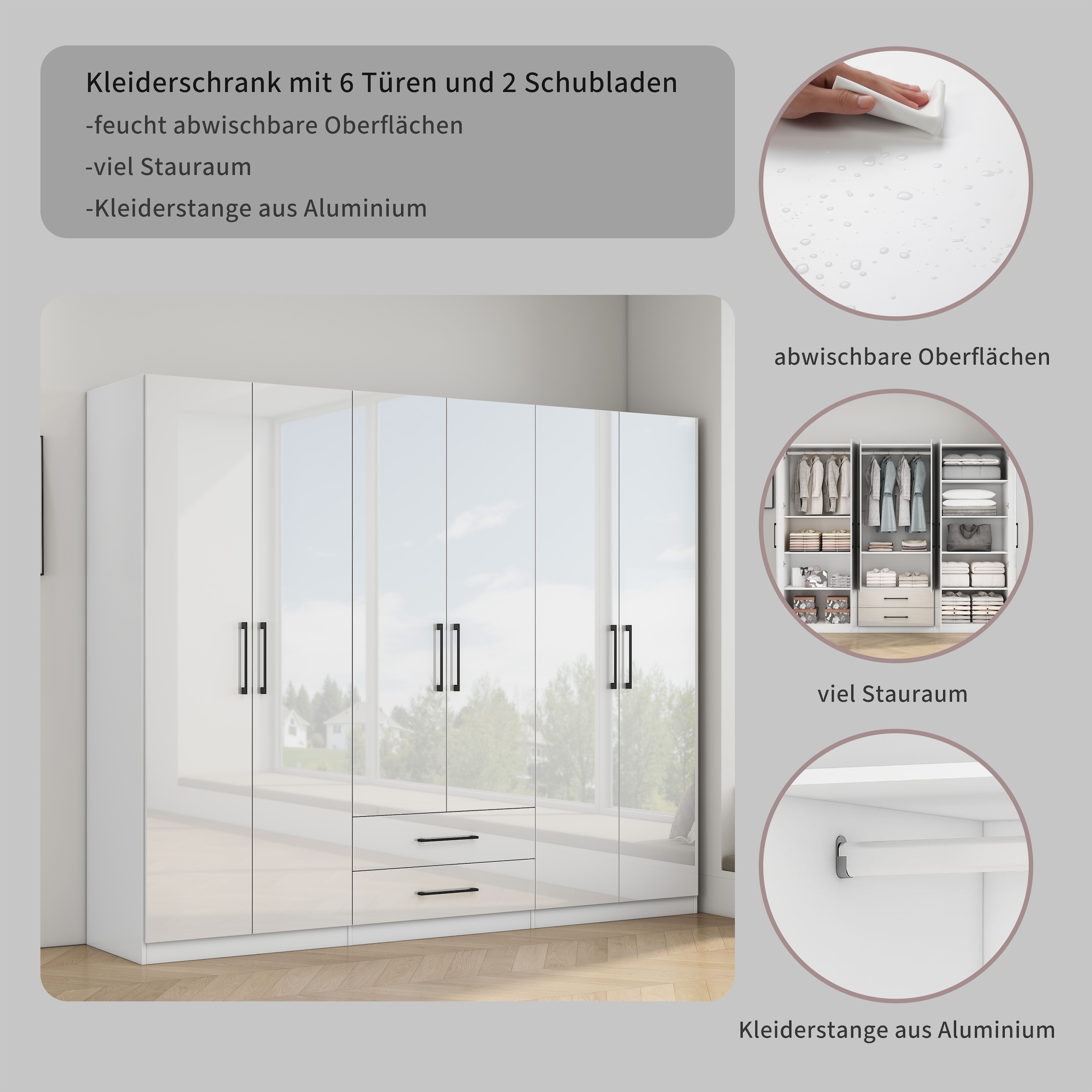 OTTO home Kleiderschrank »Sylt Schlafzimmerschrank Garderobe Schrank in hochglanz mit 6 Türen« Drehtürenschrank mit perfekter Innenausstattung