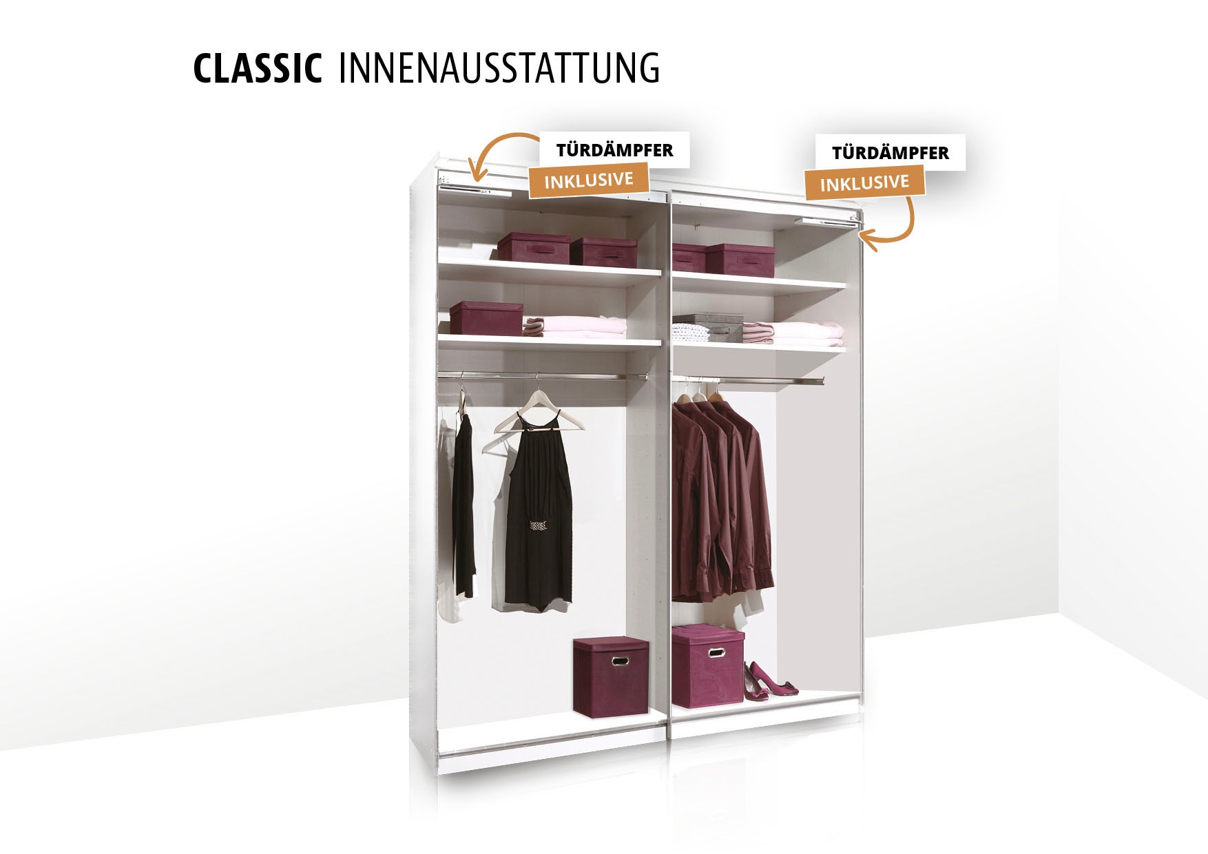 STAUD Schwebetürenschrank »Includo, Made in Germany«, Mit Spiegeltüre und vier verschiedenen Ausstattungsvarianten