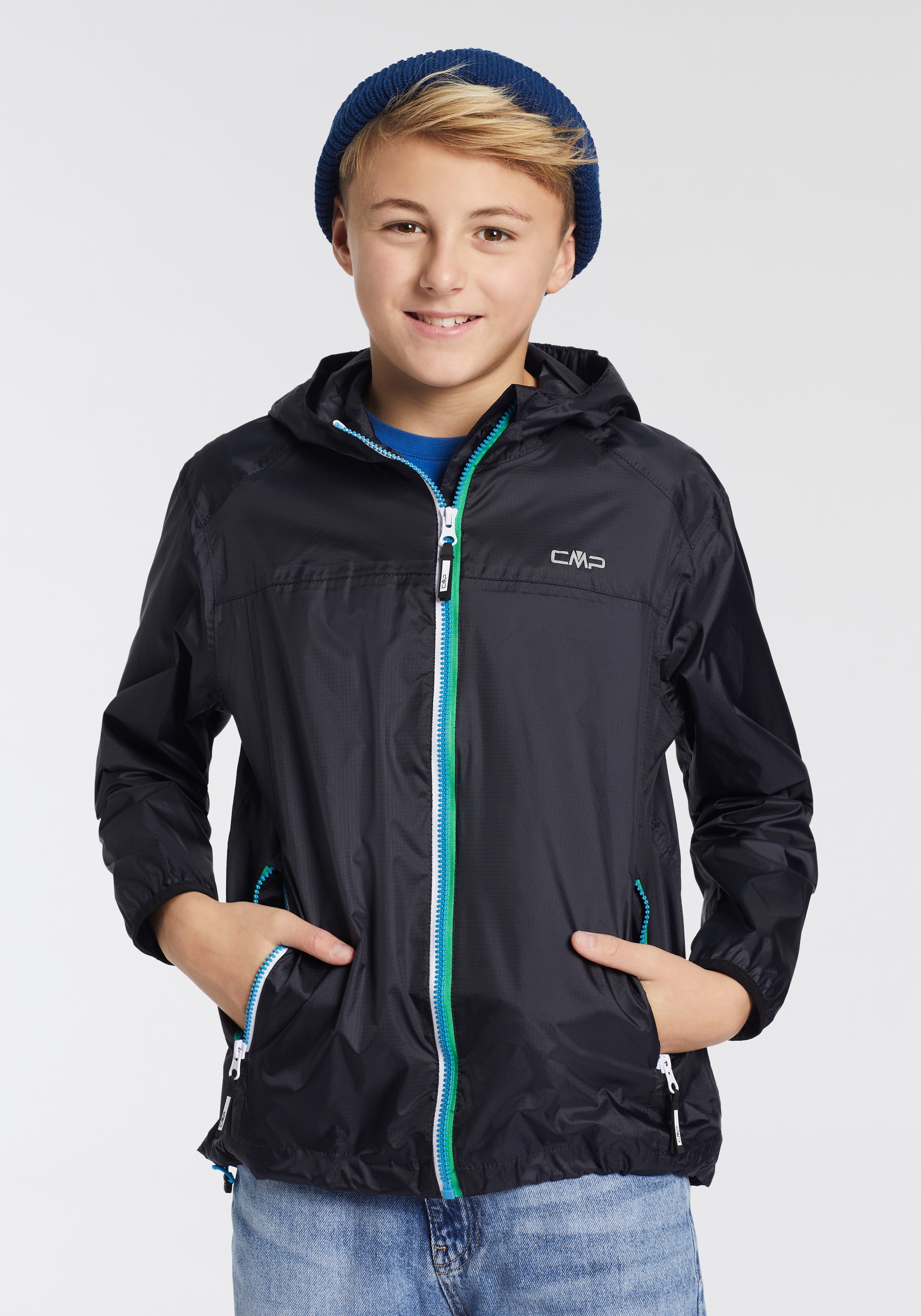 Cmp Herren Antracite Regenjacke "Kid Jacket Rain Fix Hood" Mit Kapuze Wasserdicht Winddicht Atmungsaktiv Mit Kapuze Wassersäule 3000 erhältlich in Größe 128/140/152/164/176 von Baur
