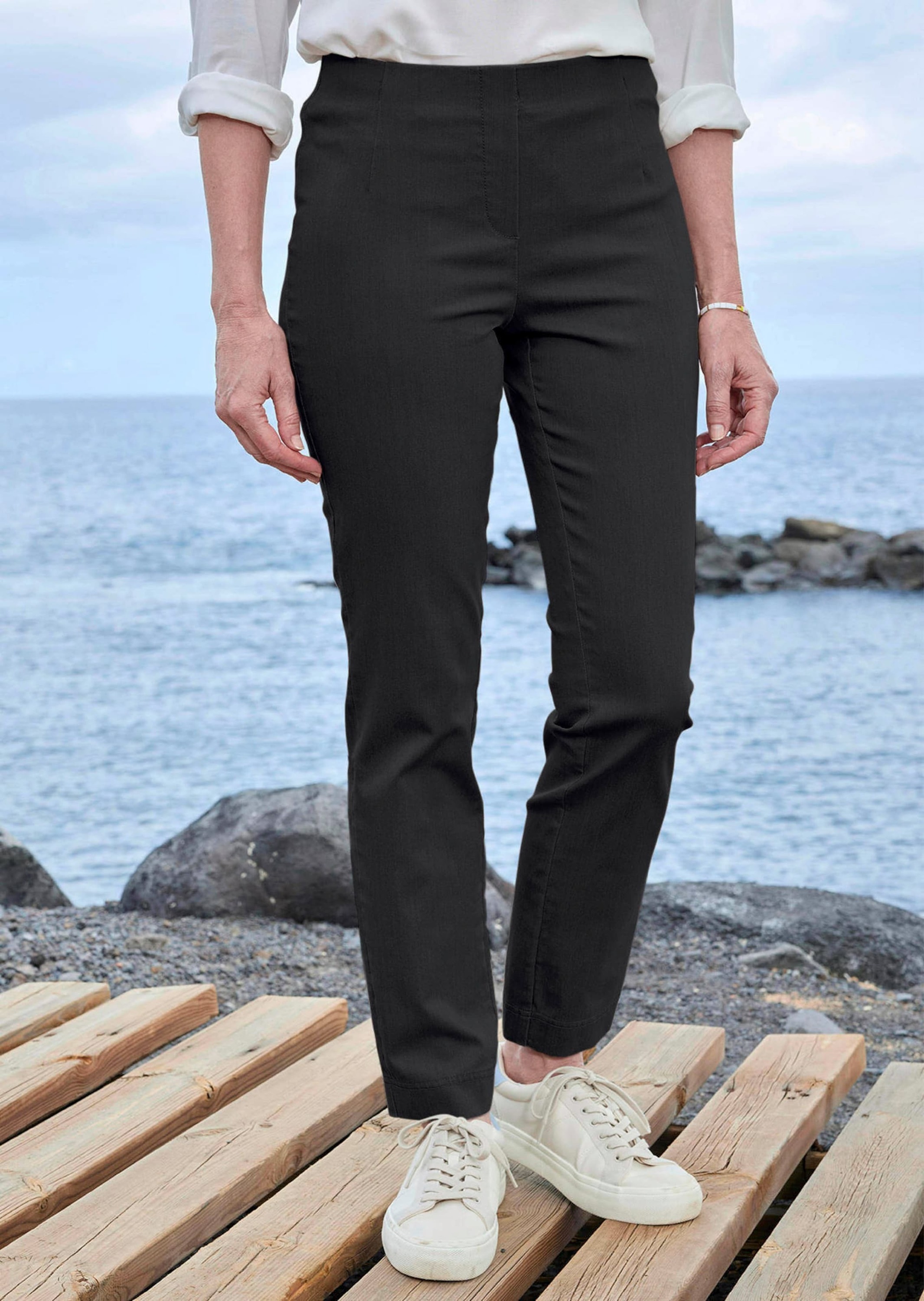 Chinohose GOLDNER "Bengalinhose LOUISA in Denim-Optik", Damen, Gr. 42, N-Gr, schwarz, Obermaterial: 78% Baumwolle CO. 18% Polyester PES. 4% Elasthan EL., Hosen Chinohose 3