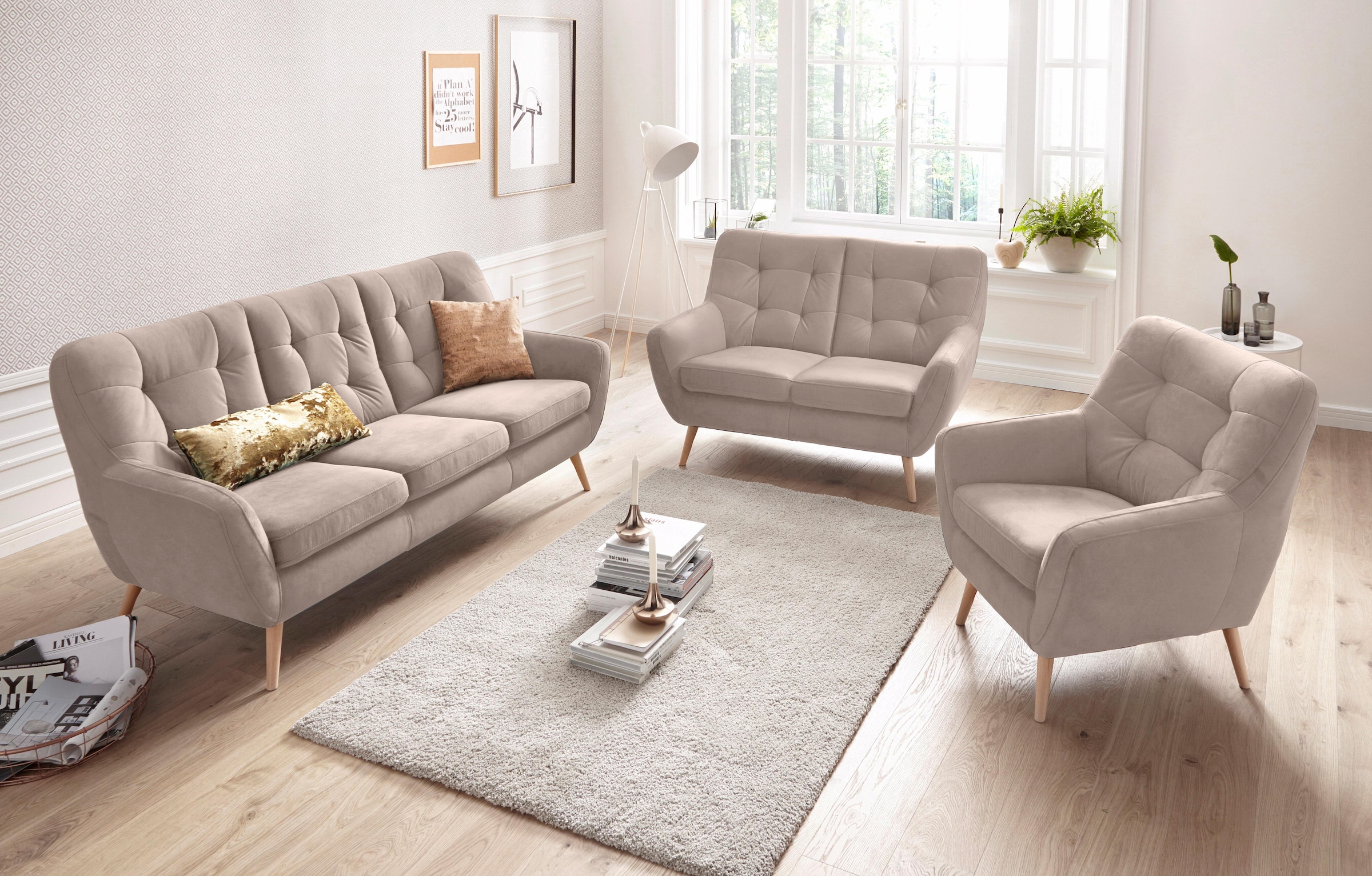 exxpo - sofa fashion 3-Sitzer »Scandi, bequem, aufwendige Rückenpolsterung für mehr Sitzkomfort«, aktuelle Farben in hochwertigen Bezugsqualitäten, Holzfuß