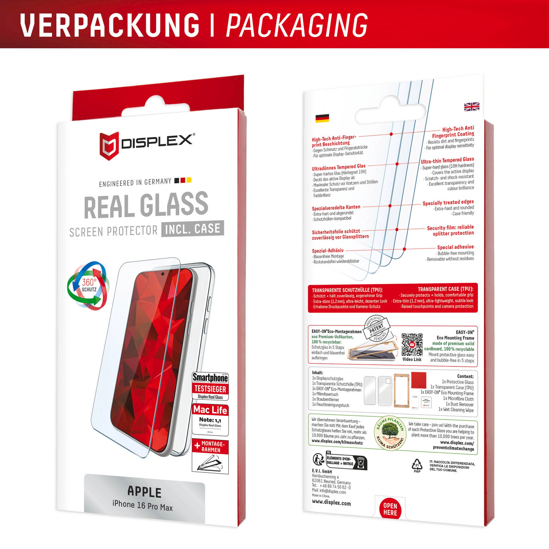 Displex Displayschutzglas »Real Glass Screen Protection + Case«, für Apple iPhone 16 Pro Max, Displayschutzfolie, Schutzfolie, Bildschirmschutz, kratz- & stoßfest