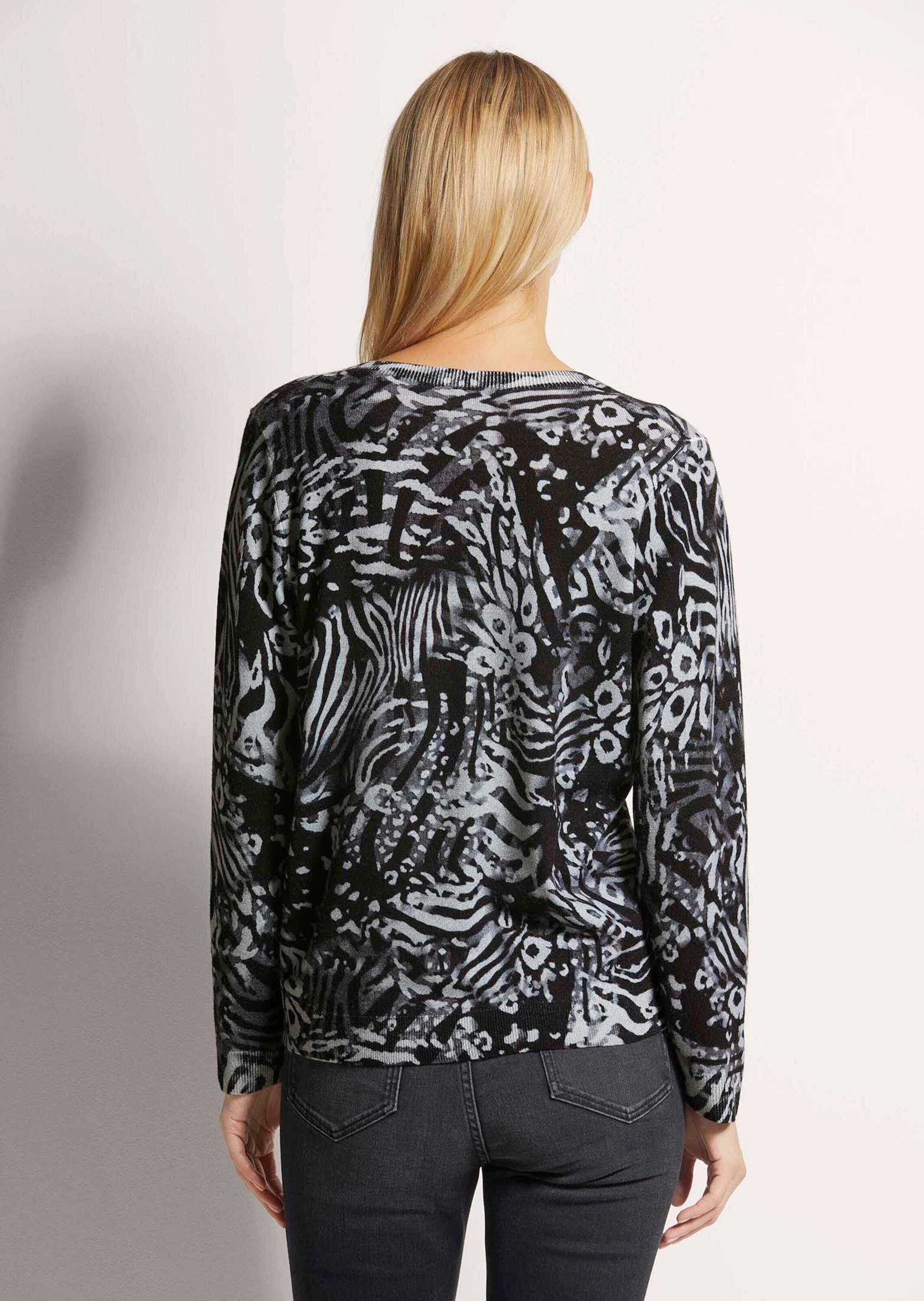 Longpullover MADELEINE "Druckpullover V-Pullover mit Unikat-Print", Damen, Gr. 34, schwarz (schwarz, steingrau), Obermaterial: 100% Schurwolle WV., Modern, normal, Pullover Longpullover 3