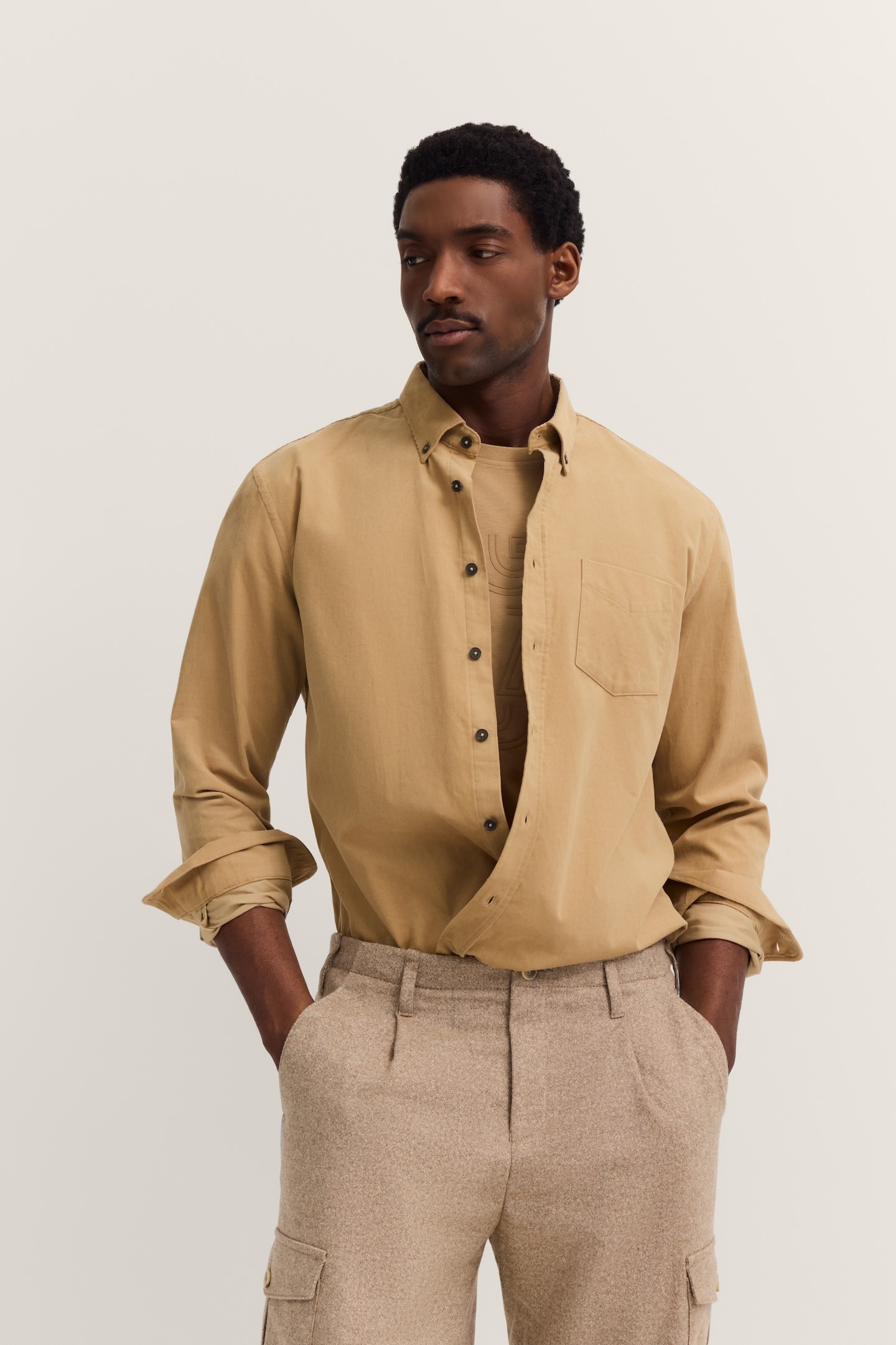 Langarmhemd BUGATTI "Soft Cotton", Herren, Gr. M, Normalgrößen, 40, beige, 100% Baumwolle, unifarben, normal, eckige 2-Knopf-Manschette, Hemden, im Modern Fit mit Button-Down-Kragen
