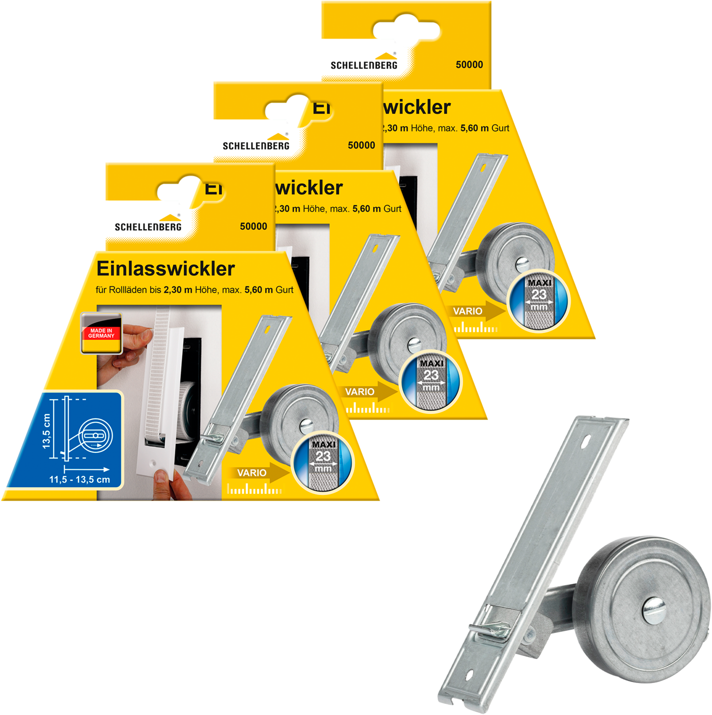 SCHELLENBERG Einlass-Gurtwickler "für das Rollladensystem Maxi, Lochabstand 13,5 cm, Unterputz-Montage", 3 Stk., silber, Gurtwickler, für