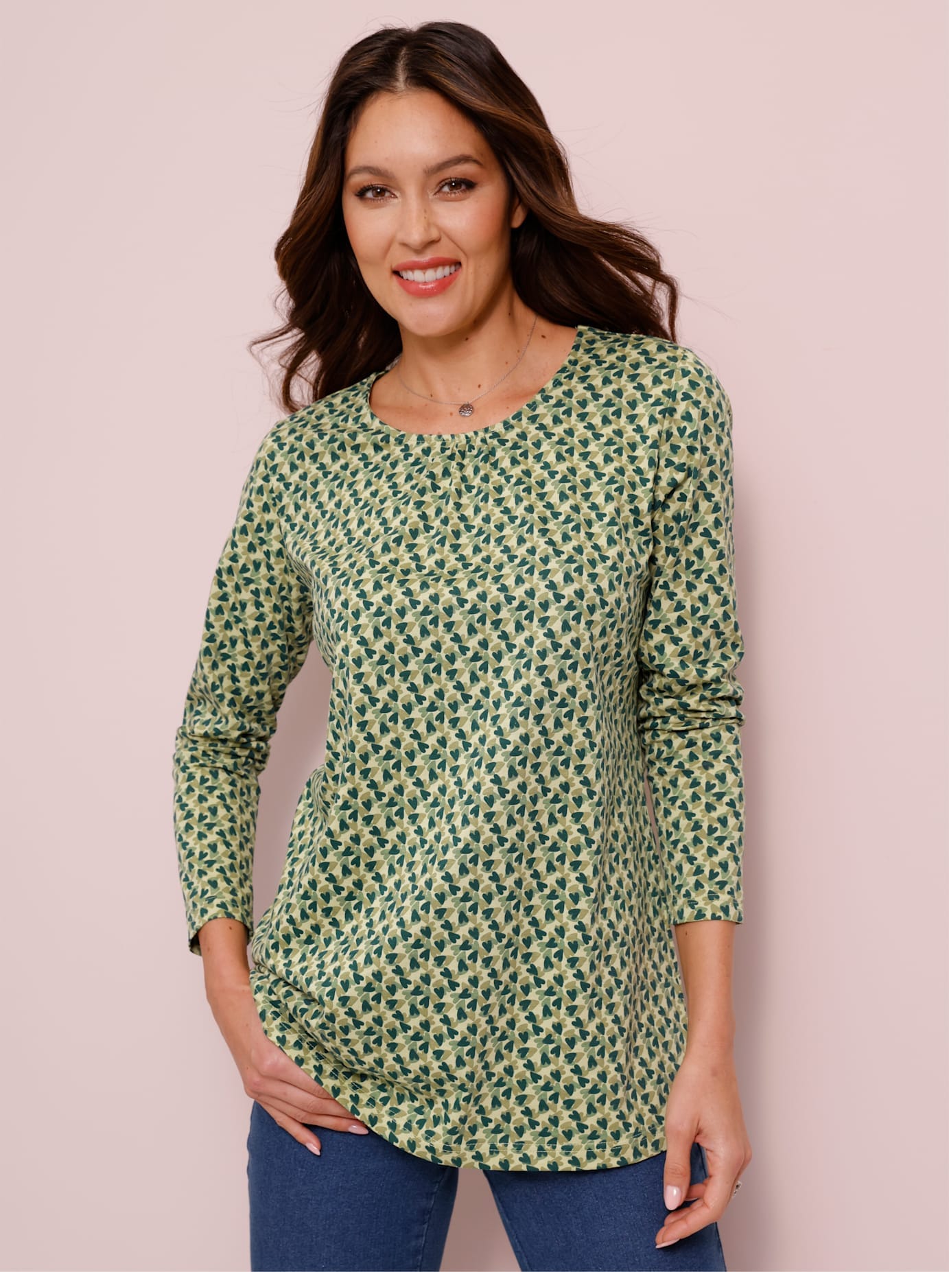 Longshirt CLASSIC BASICS "Longshirt", Damen, Gr. 48, grün (lindgrün, moos, bedruckt), 100% Baumwolle, gemustert, mehrfarbig, Rundhals, Shirts Longshirt