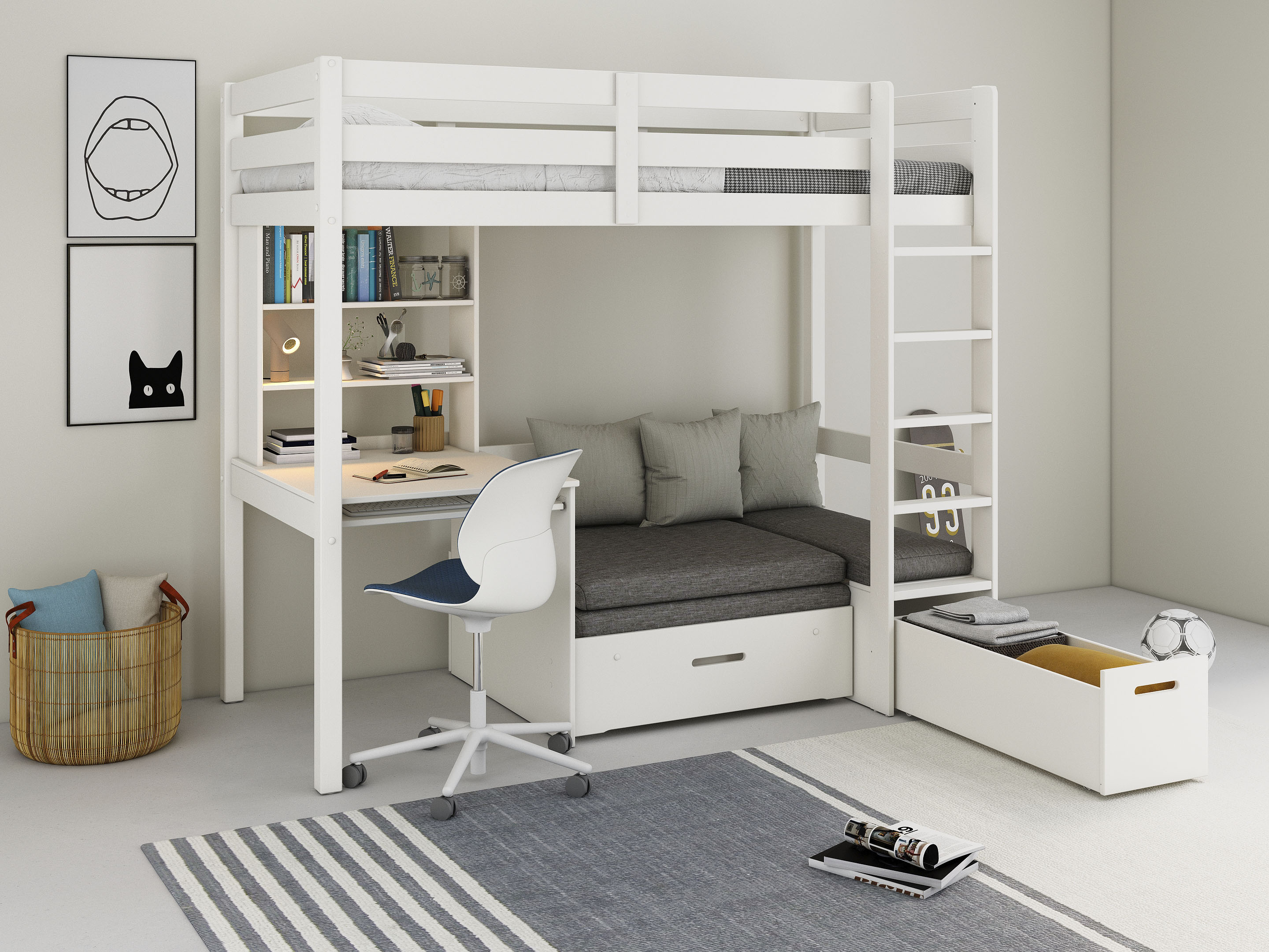 Etagenbett »"HENNE", Massivholz, inklusive Matratzen für Ausziehbett + Bank«, zwei...