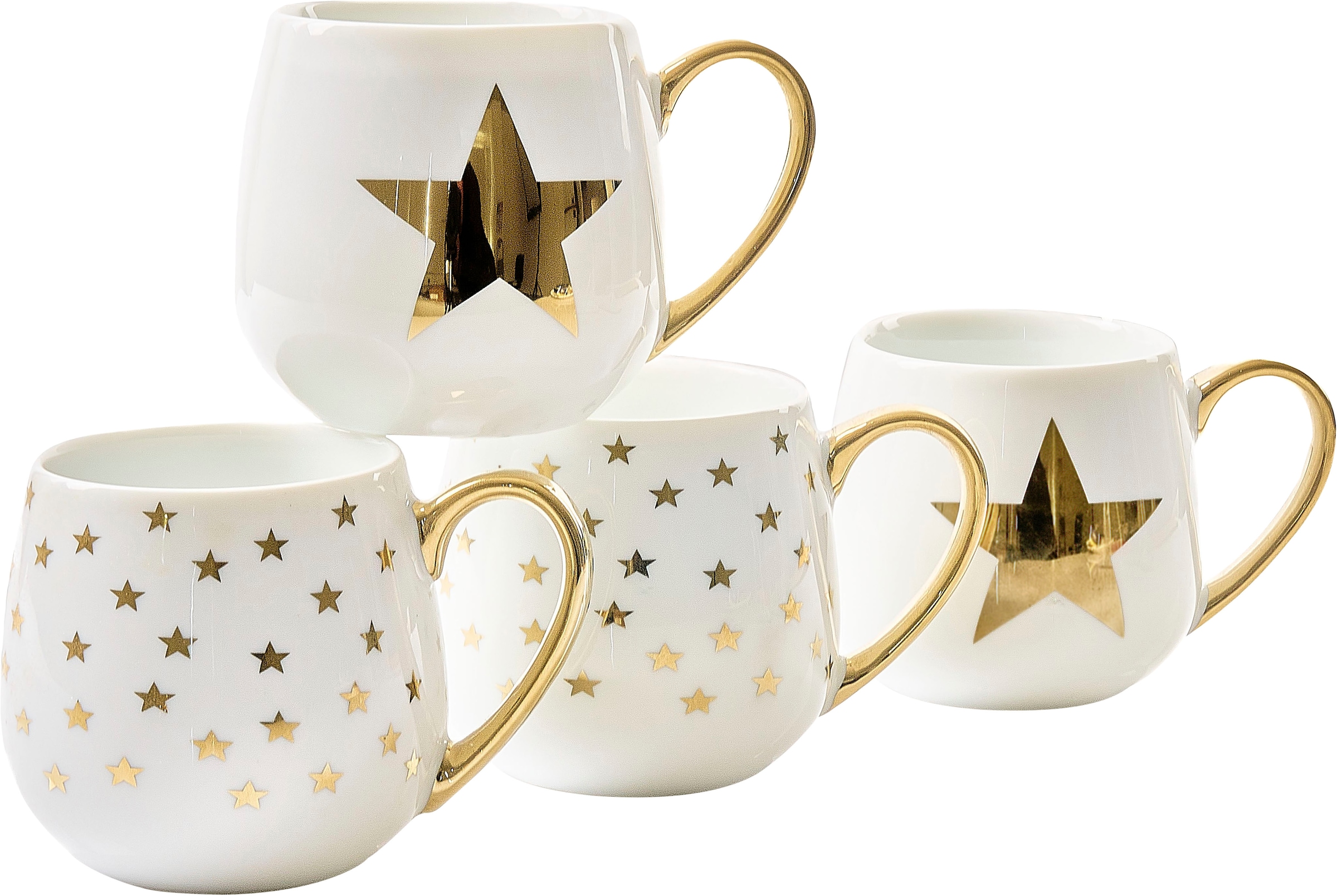 Retsch Arzberg Becher »GOLD STAR«, (Set, 4 tlg., 4 Trink-/Henkelbecher ca. 370ml für Kaffee, Tee, Kakao, Glühwein etc.), zwei verschiedenen goldenen Sterndekoren im Set sortiert, 4-teilig