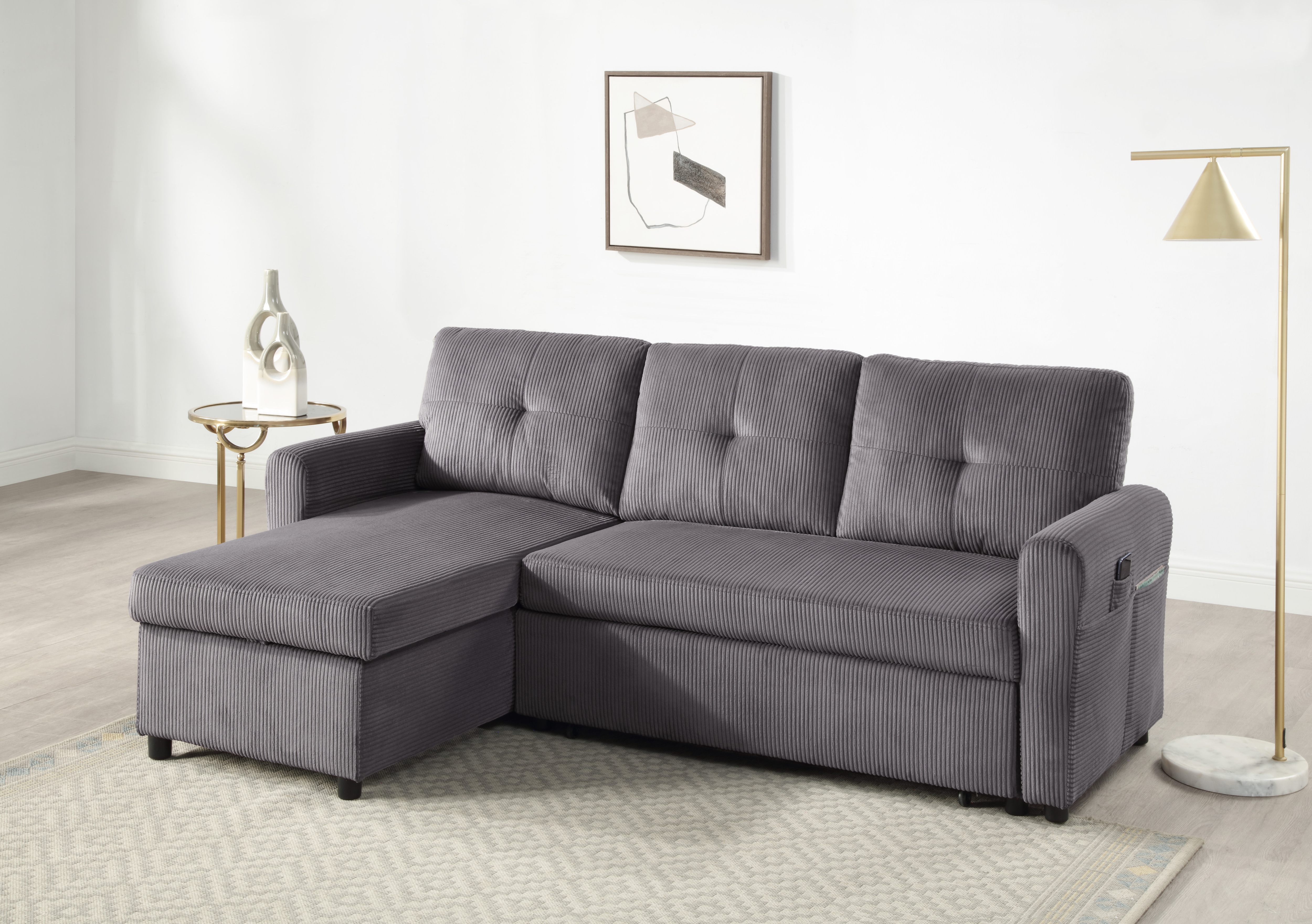 ATLANTIC home collection Schlafsofa "Gustavo L-Form, B: 199 cm, in Cord oder Struktur" mit Schlaffunktion, Bettkasten & seitlichen Taschen