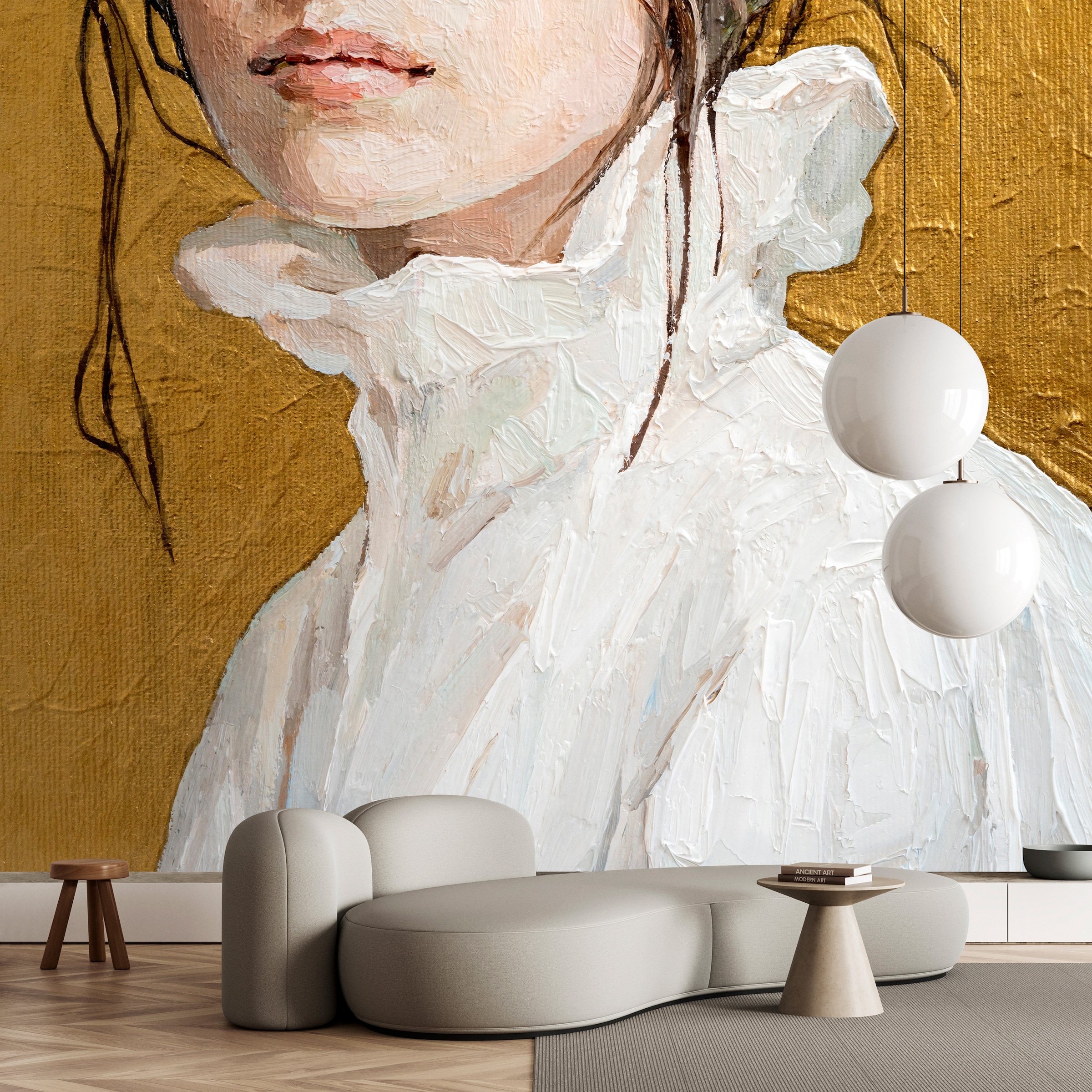 living walls Vliestapete "Fototapete Ölmalerei Frau Weiß Gold Klassisch" matt glatt