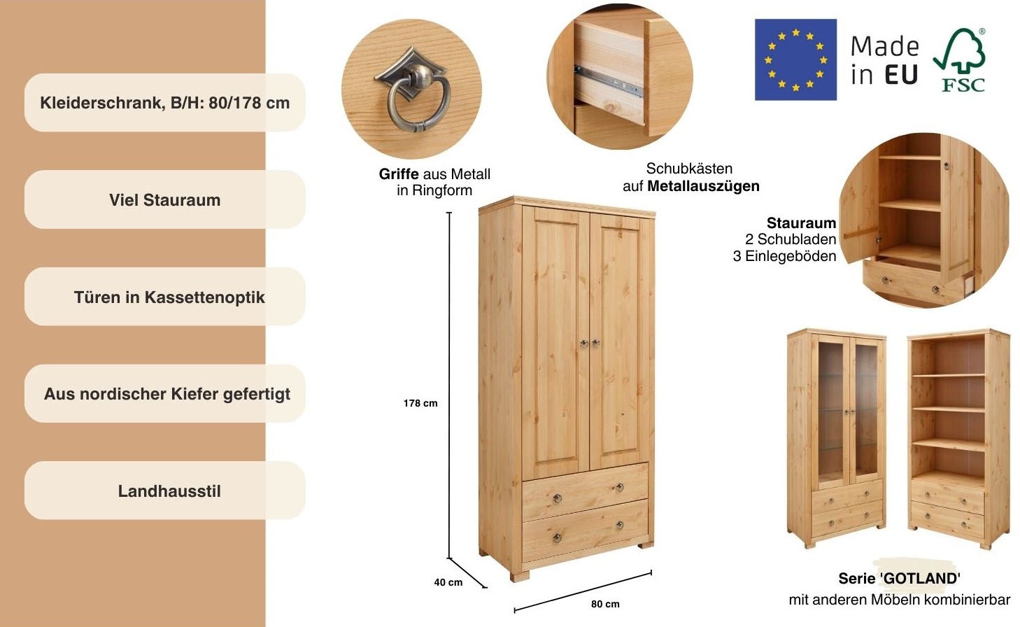 Thumbnail - Home affaire Kleiderschrank "Gotland; Wäscheschrank, Mehrzweckschrank mit Schubladen, Landhausstil", (B/H/T ca: 80cmx178...