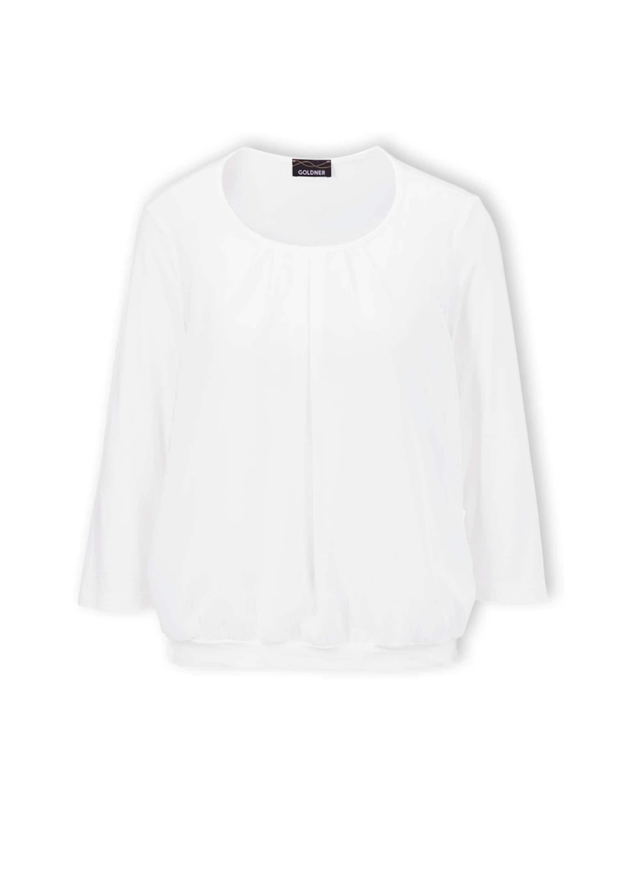 Kurzarmbluse GOLDNER "Kurzgröße Chiffon-Shirt mit 3/4-Arm, Rundhals", Damen, Gr. 25, weiß, Obermaterial: 95% Viskose CV. 5% Elasthan EL., Casual, Gerade, Blusen, keine/nicht relevant