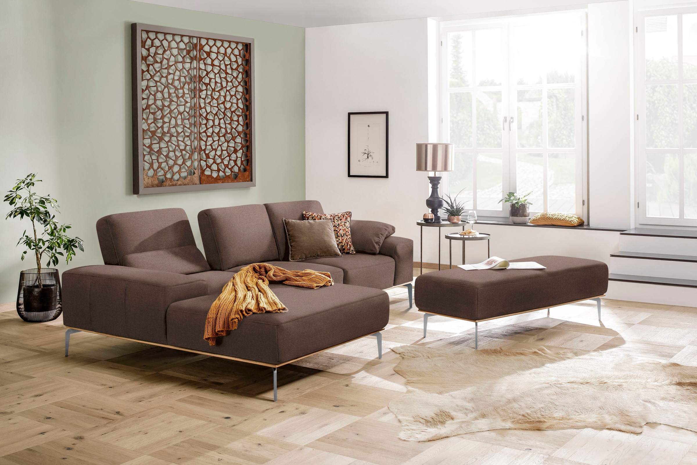 W.SCHILLIG Ecksofa »run, Designsofa mit tollem Sitzkomfort, L-Form«, mit elegantem Holzsockel, Füße in Chrom glänzend, Breite 279 cm