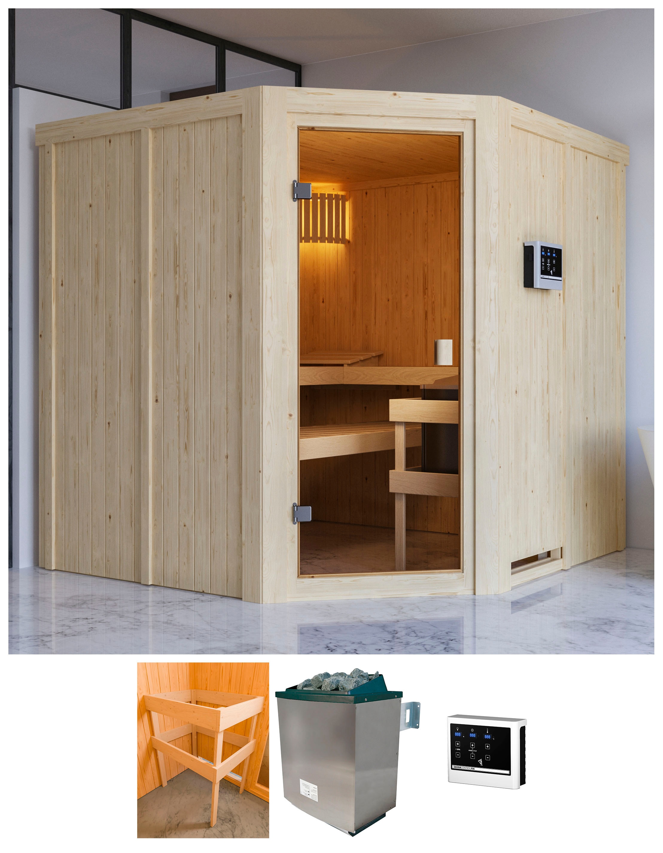 Karibu Sauna "Kotka" mit Ofen 9 kW Bio mit ext. Strg.