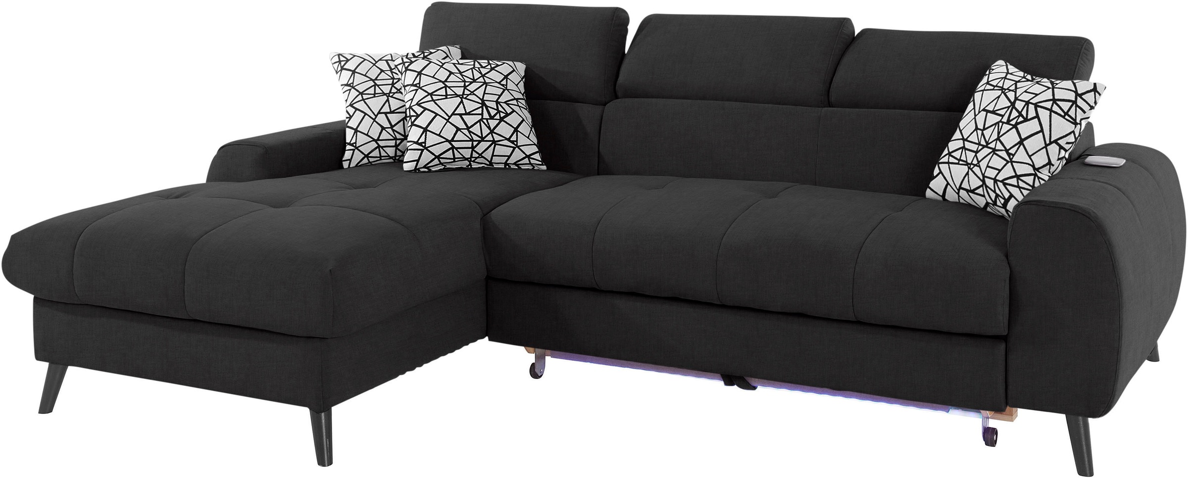 COTTA Ecksofa »Mia L-Form mit 3 Zierkissen«, wahlweise mit Bettfunktion, Bettkasten, Beleuchtung & Wireless-Charger