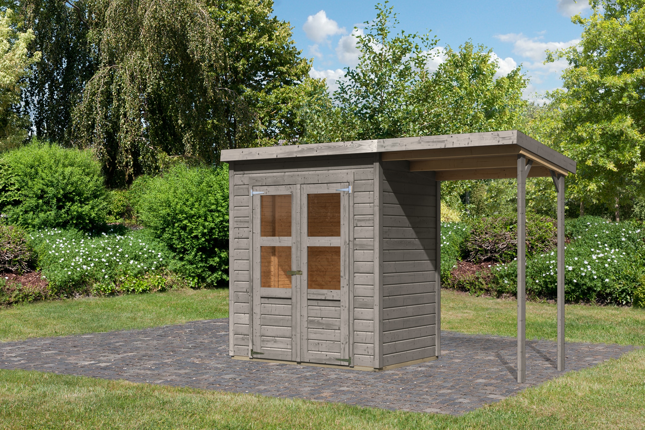 Karibu Gartenhaus ""Merseburg 2" vorvergraut mit Anbaudach" aus Fichtenholz günstig online kaufen