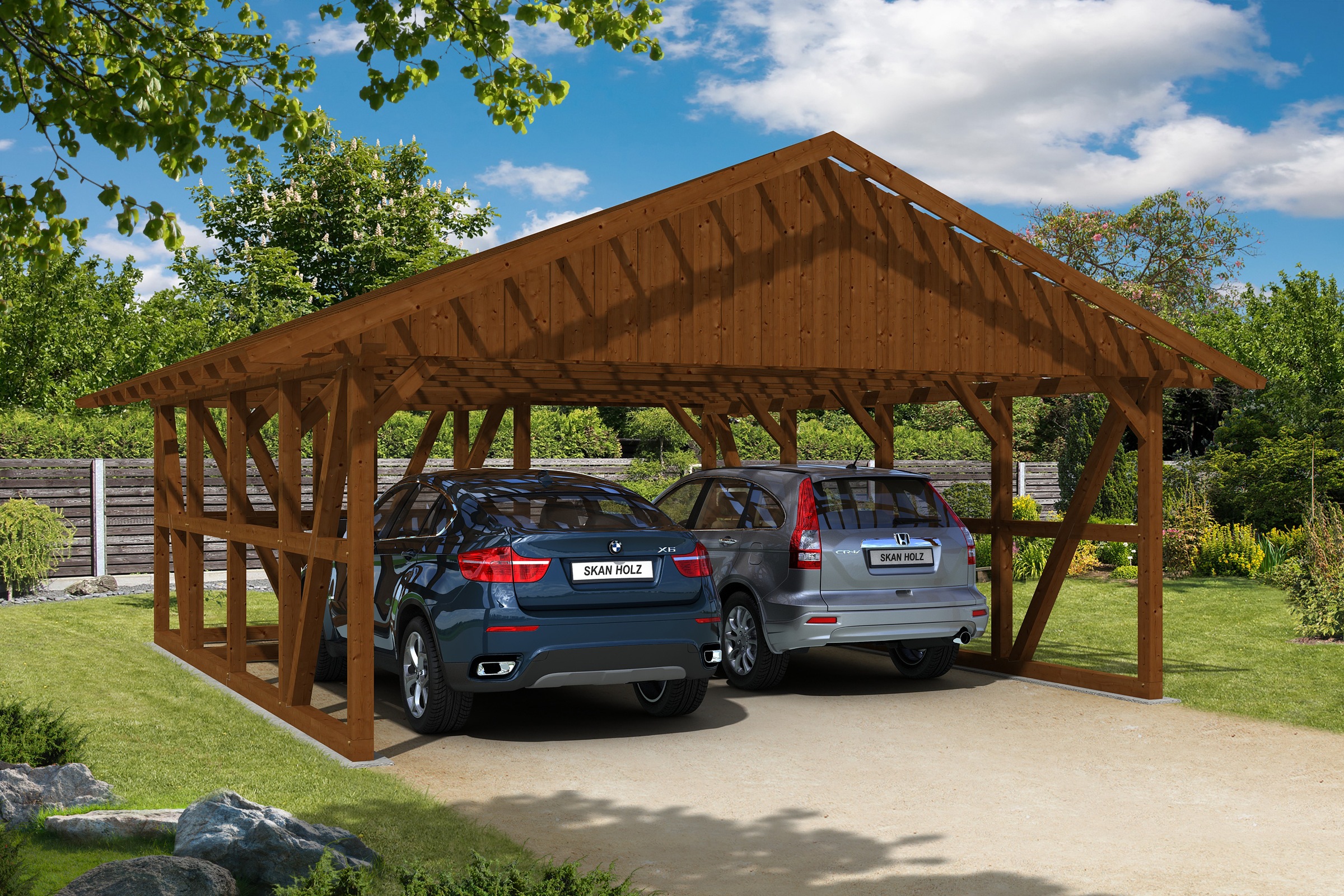 Skanholz Doppelcarport »Schwarzwald«, KVH-Fichte, 560 cm, Nussbaum, mit Abstellraum 1, mit Dachlattung
