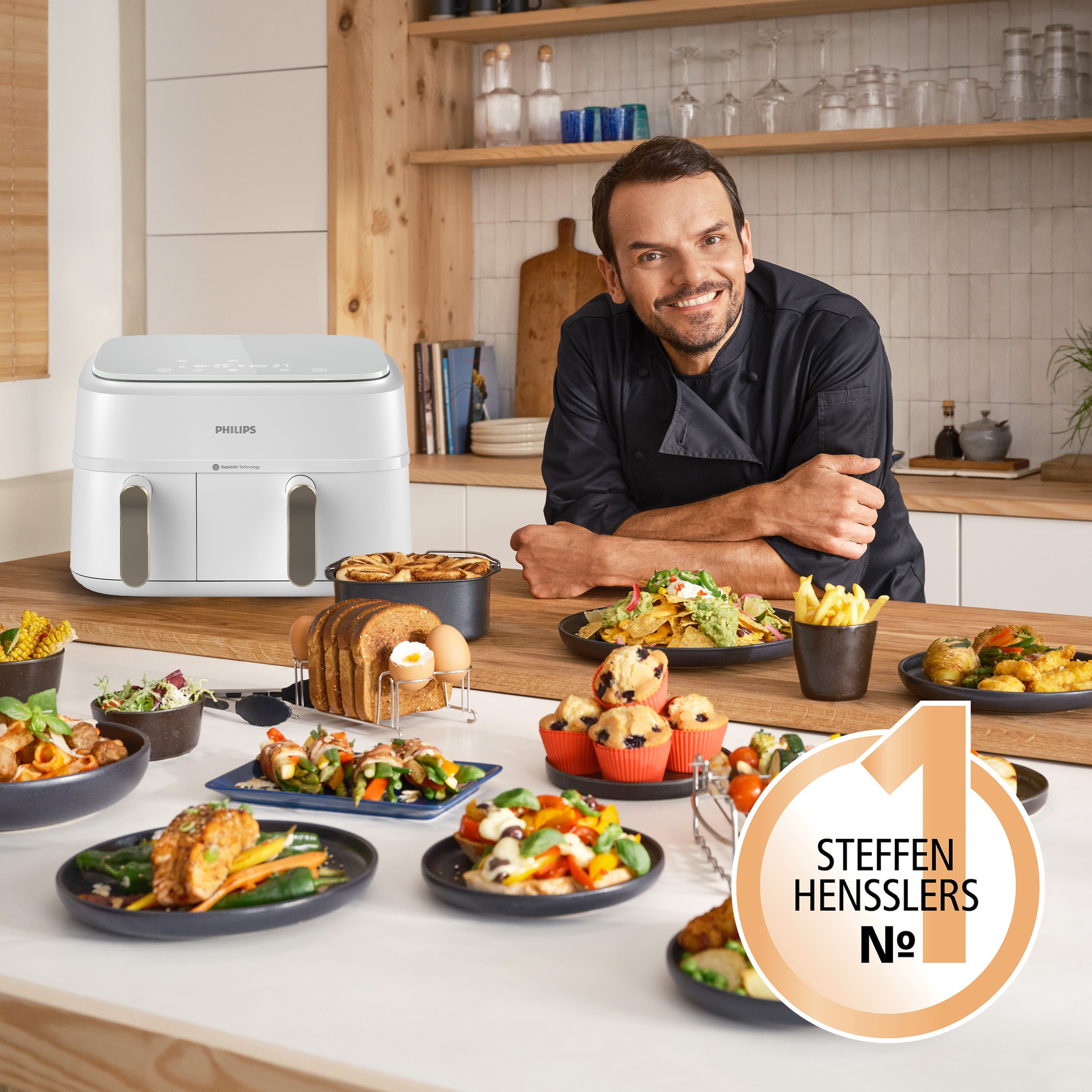 Philips Heißluftfritteuse »Airfryer 3000 Dual Basket NA352/00, zwei Körbe mit 9L (3L+6L)«, 2750 W, RapidAir Technologie und 12 Kochfunktionen; Schwarz