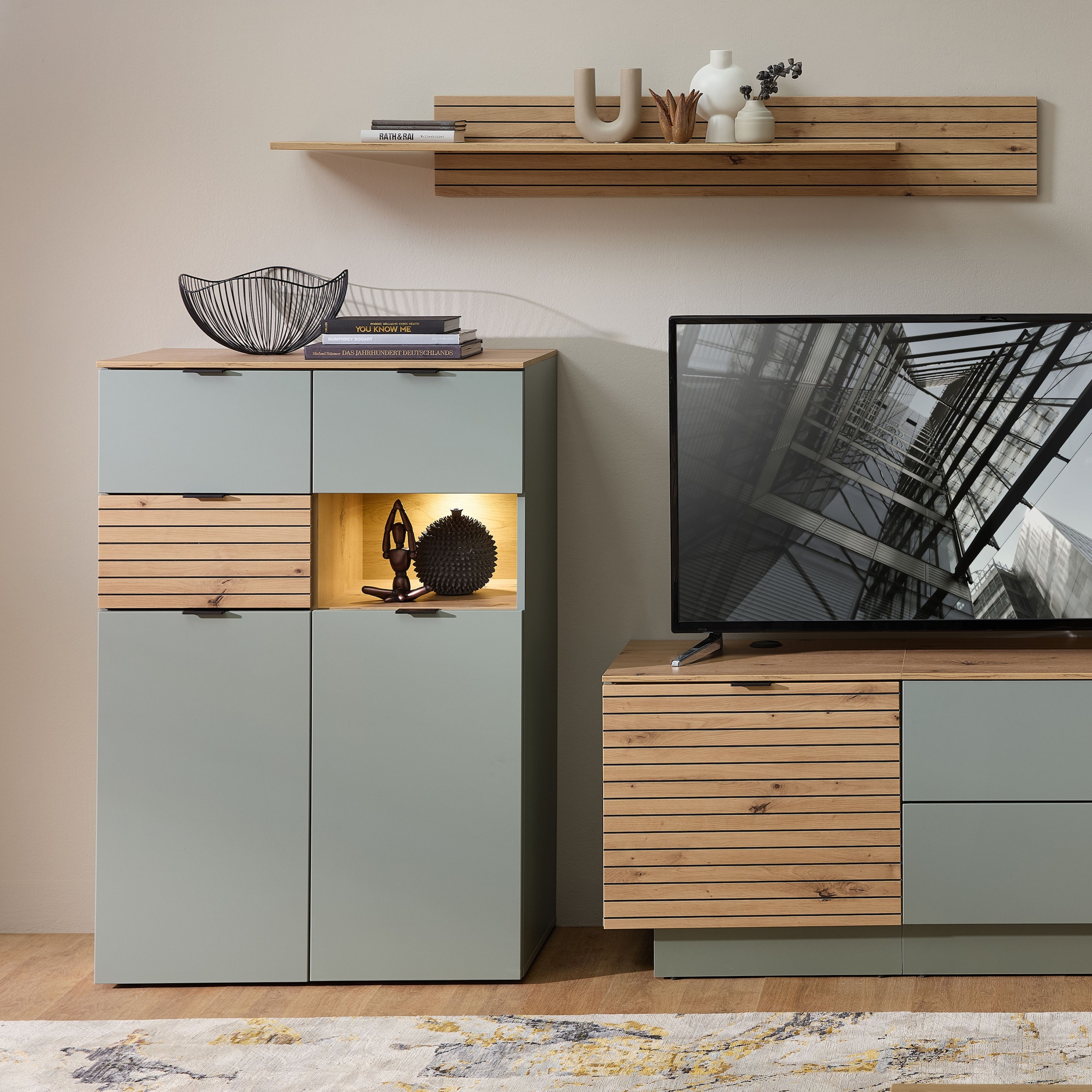 Innostyle Highboard »INA Highboard,  84 x 125 x 45 cm (B/H/T)« 1 Stk. tlg. 2 türig, 3 Schubladen, inkl. Beleuchtung, Softclose