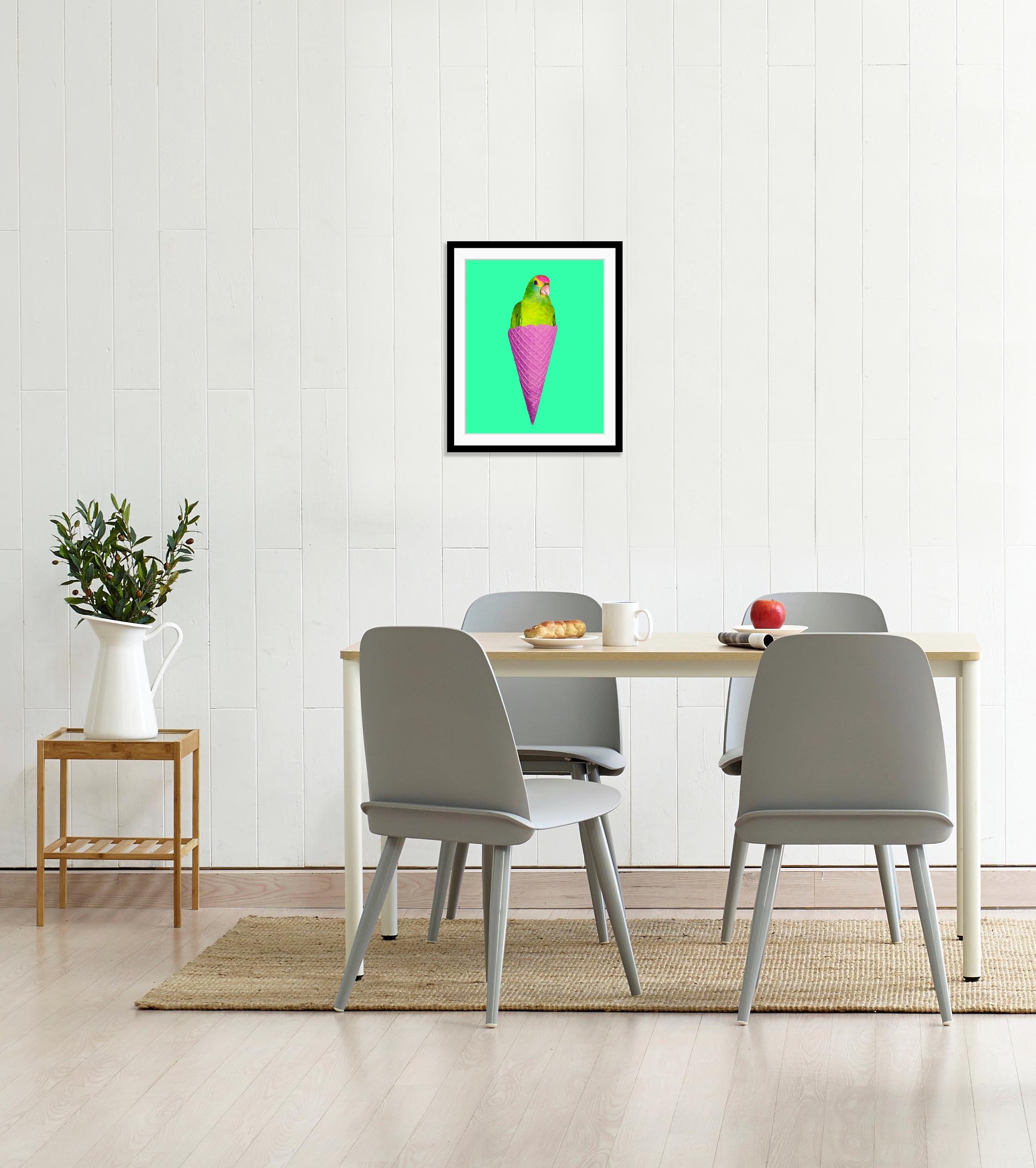 queence Bild »Merle«, Eis-Vögel-Vogelbilder-Süßigkeiten-Süßspeisen-Foto-Kunst-Papageien, HD Premium Poster-Druck inkl. Holzrahmen