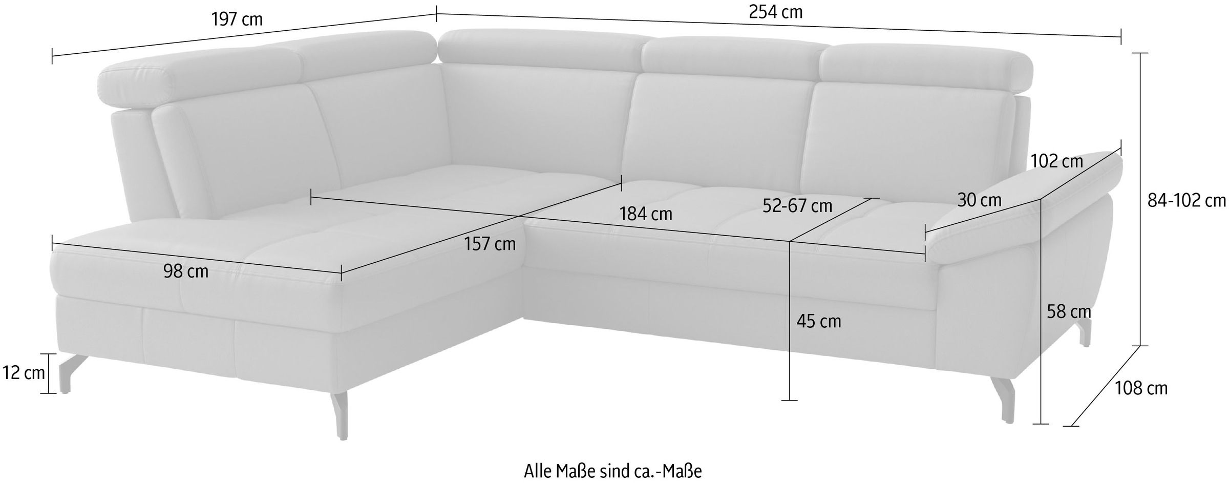 sit&more Ecksofa »Vanity L-Form, B: 254 cm, Leder« Inkl.Sitz-,Kopf-und Armteilverstellung