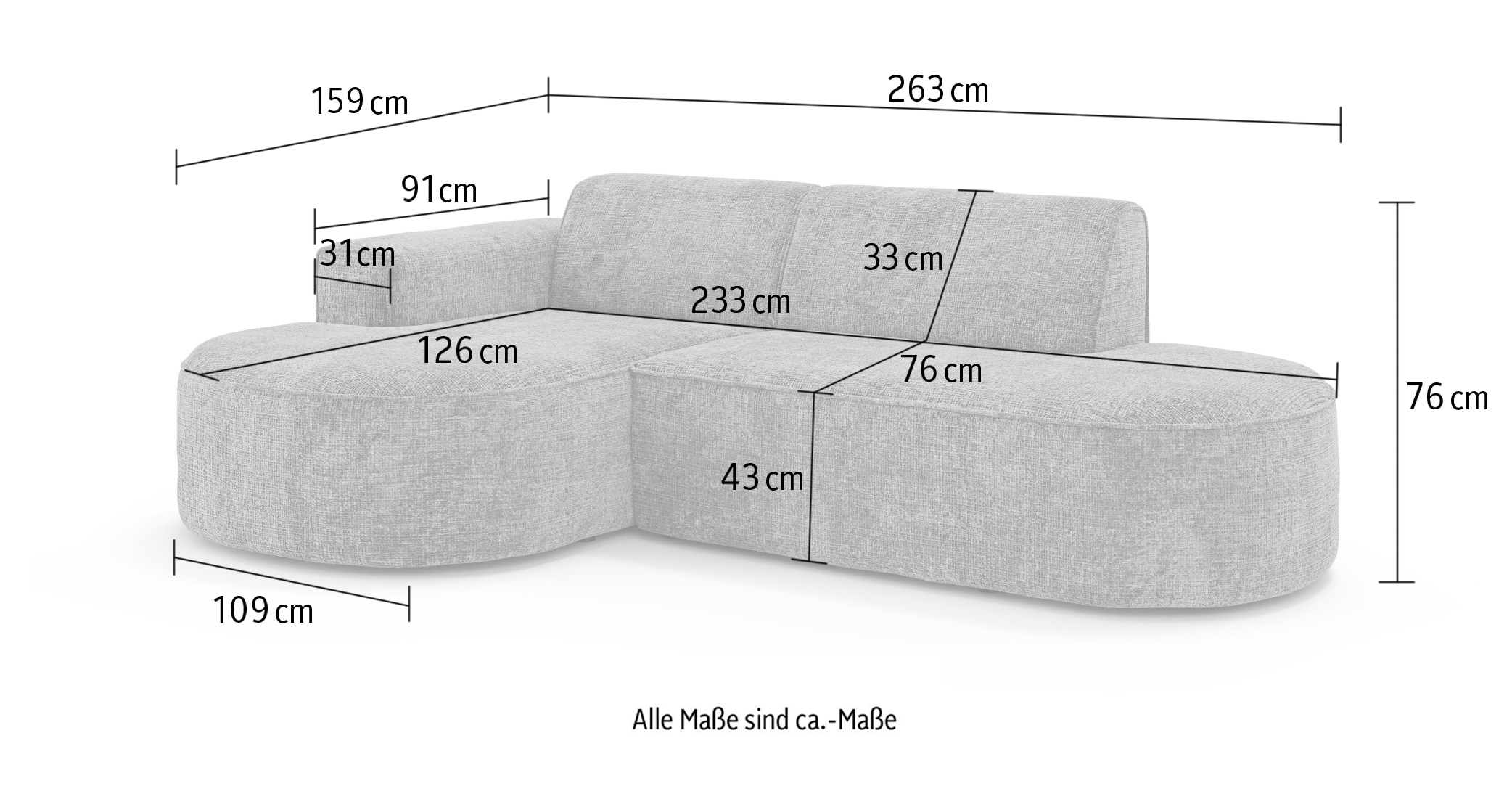 OTTO home Ecksofa »ADELLA XL Design-Sofa mit Recamiere rechts/links, 263/159/76 cm«, L-Form XL mit Wellenunterfederung, runde Form, auch in Cord