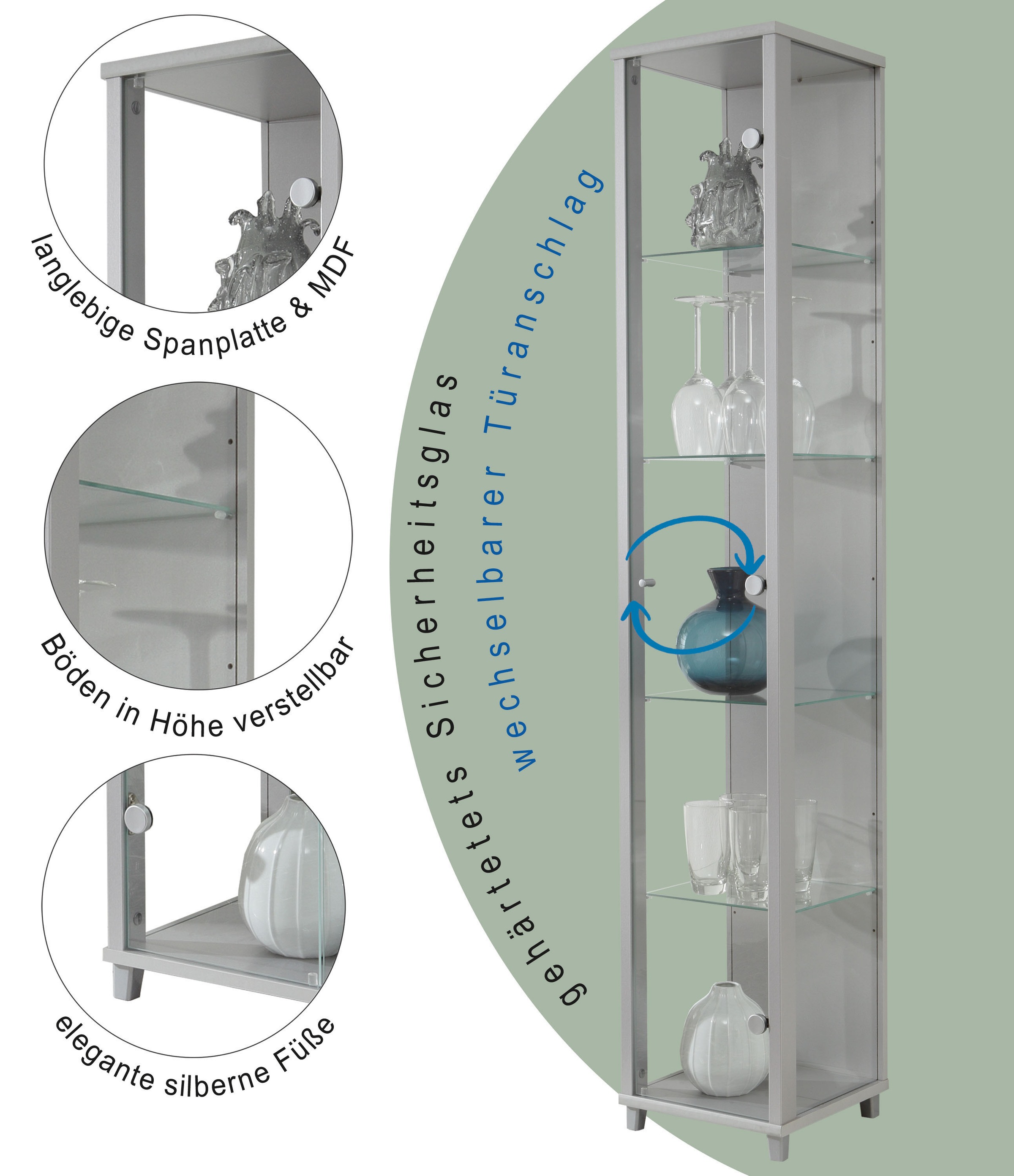 Thumbnail - fif möbel Vitrine "OPTIMA Höhe ca. 172 cm" Standvitrine/Glasvitrine 1x Glastür,perfekt für Sammler,Sammlervitrine