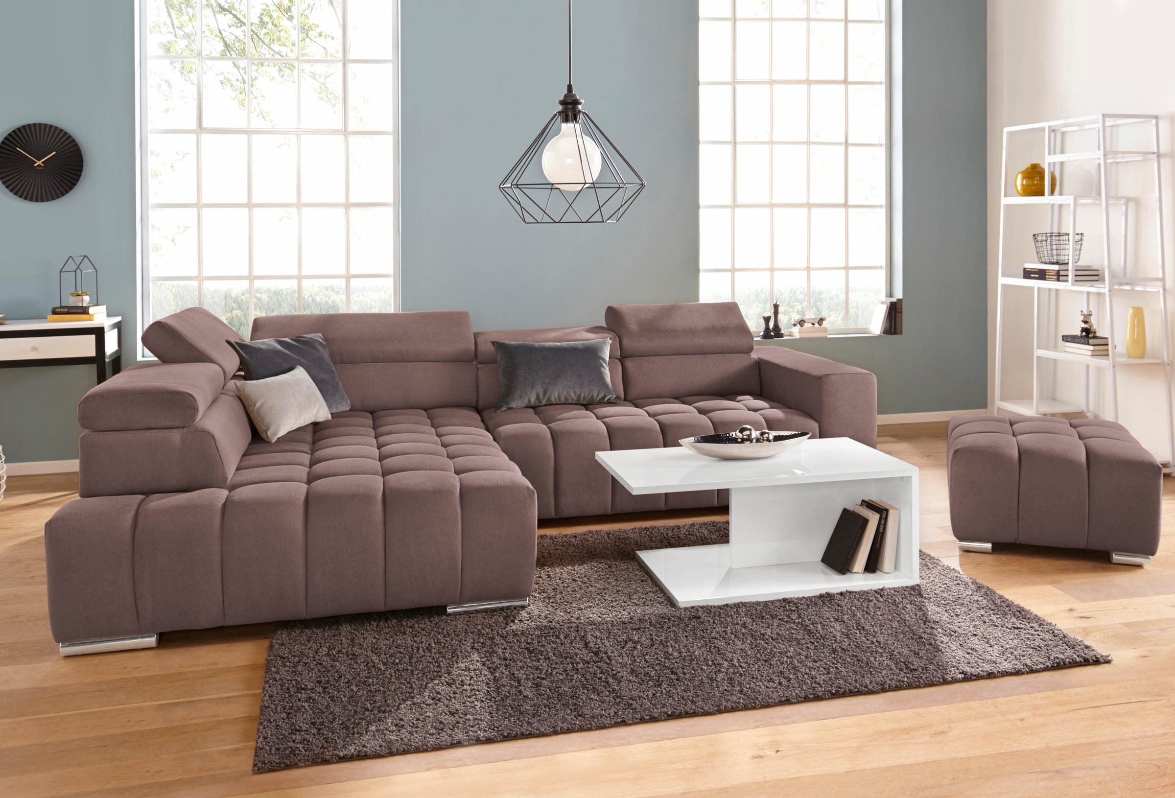 Ecksofa EXXPO - SOFA FASHION "Elias, aktuelle Kreuzsteppung im Sitz, bequem, Breite 307cm, L-Form", braun (hellbraun), B:307cm H:94cm T:201cm, Struktur ( 100% Polyester), Sofas, Ecksofa, mit Kopf- bzw. Rückenverstellung, wahlweise mit Bettfunktion 10