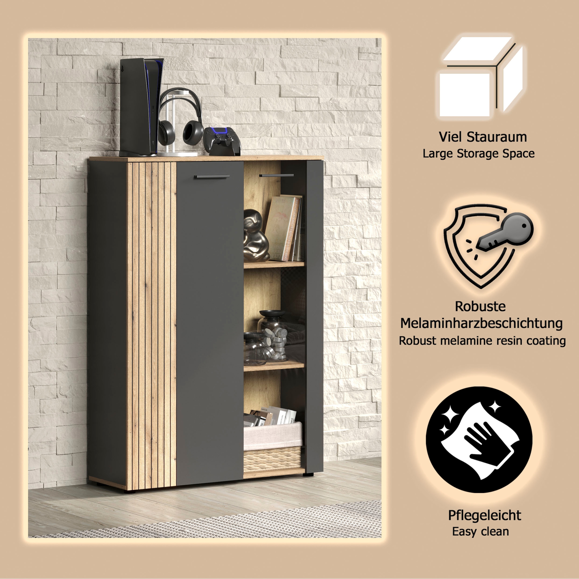 INOSIGN Highboard »Estepona« 1 Stk. tlg. Vitrine, Tür mit Rillen-Optik, Breite 91 cm