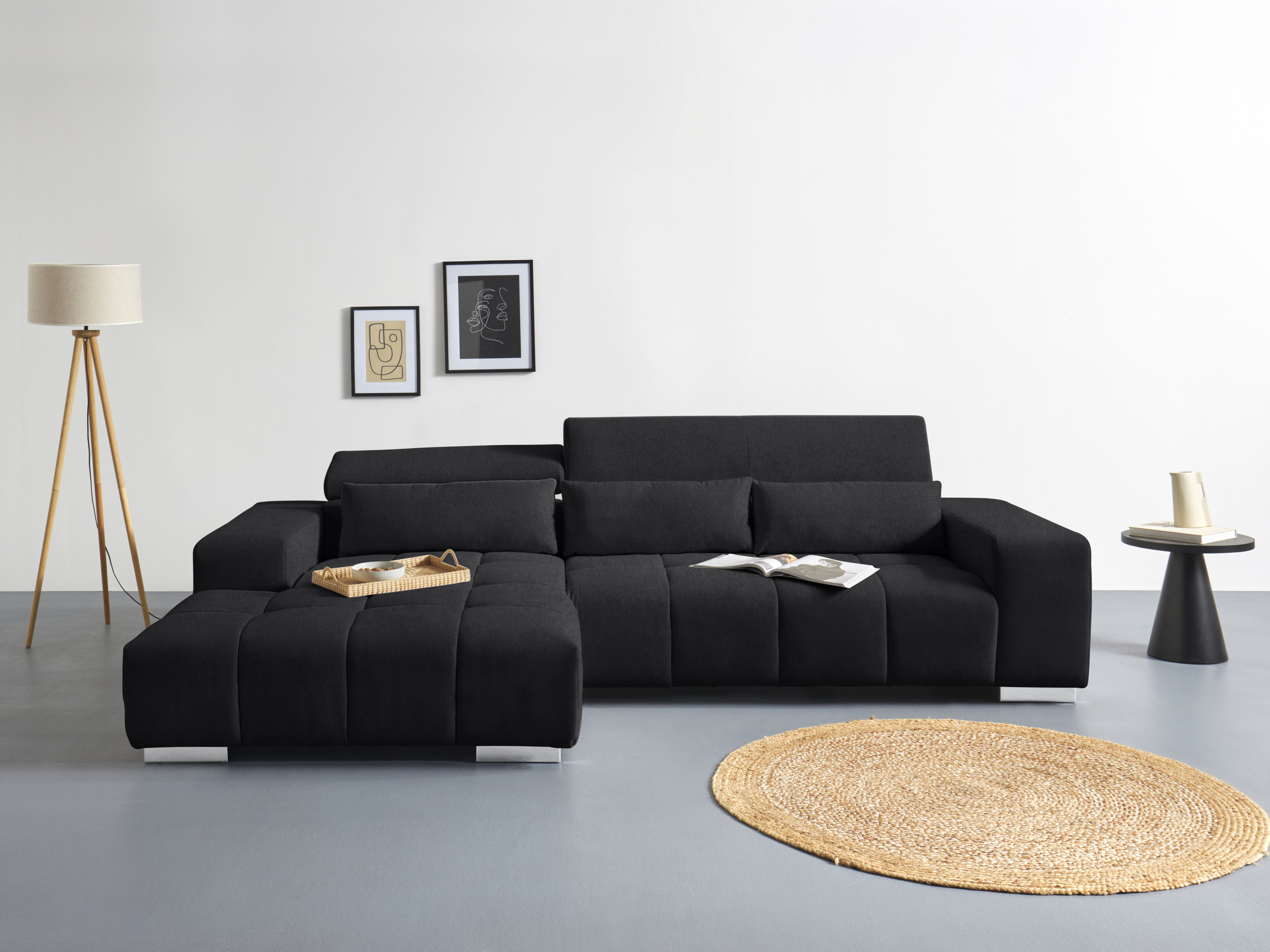 COTTA Ecksofa "Orion L-Form, B: 307 cm, moderne Steppung, bequeme Wellenunterfederung" 2x Kopfteilverstellung & 3 Nierenkissen