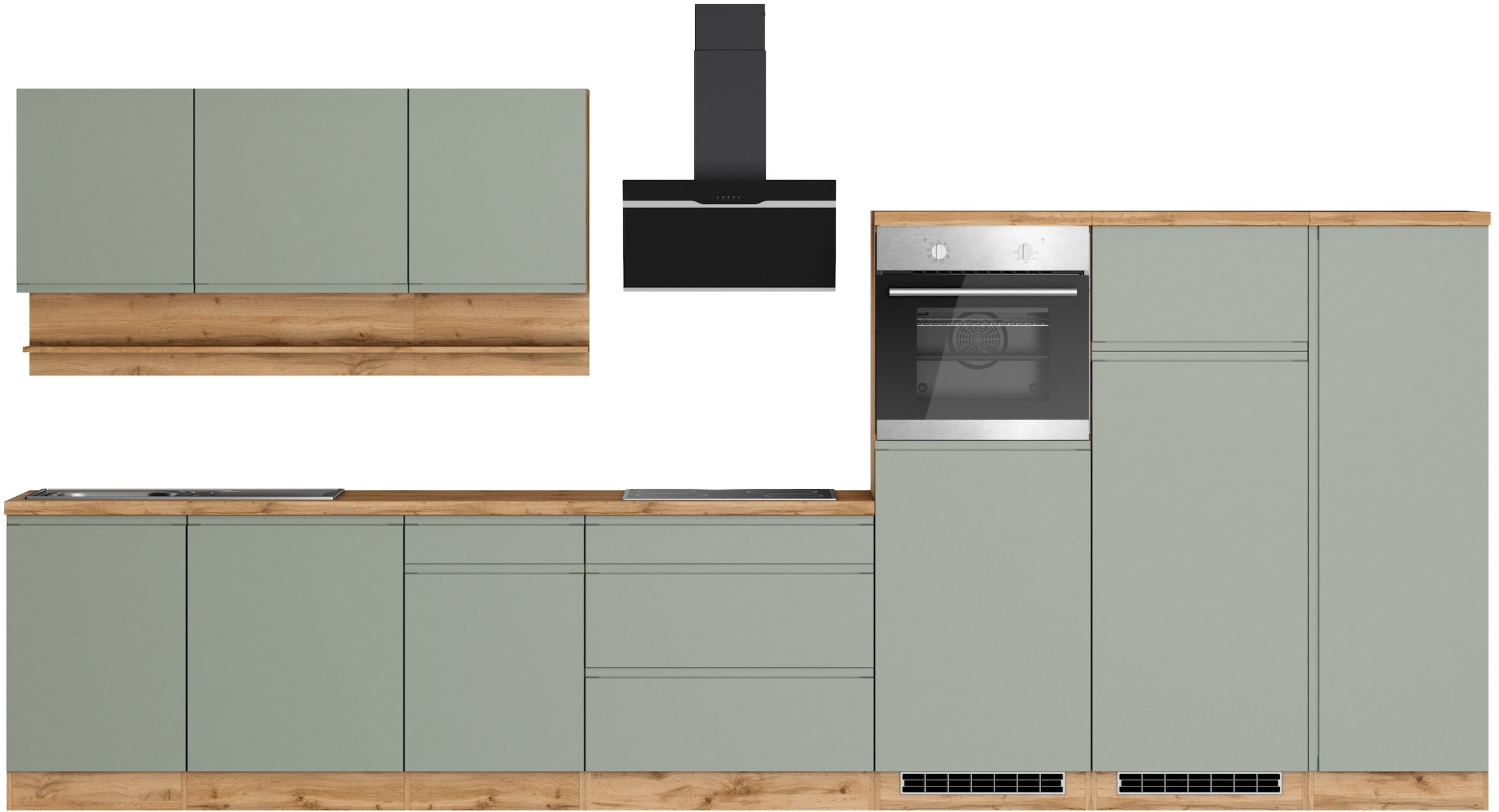 KOCHSTATION Küchenzeile "KS-Virginia,neu in verbesserter Ausführung" Arbeitsplatte 38 mm stark, Stauraum, Softclose, Breite 410 cm, Softclose, wahlweise mit E-Geräten und Induktion