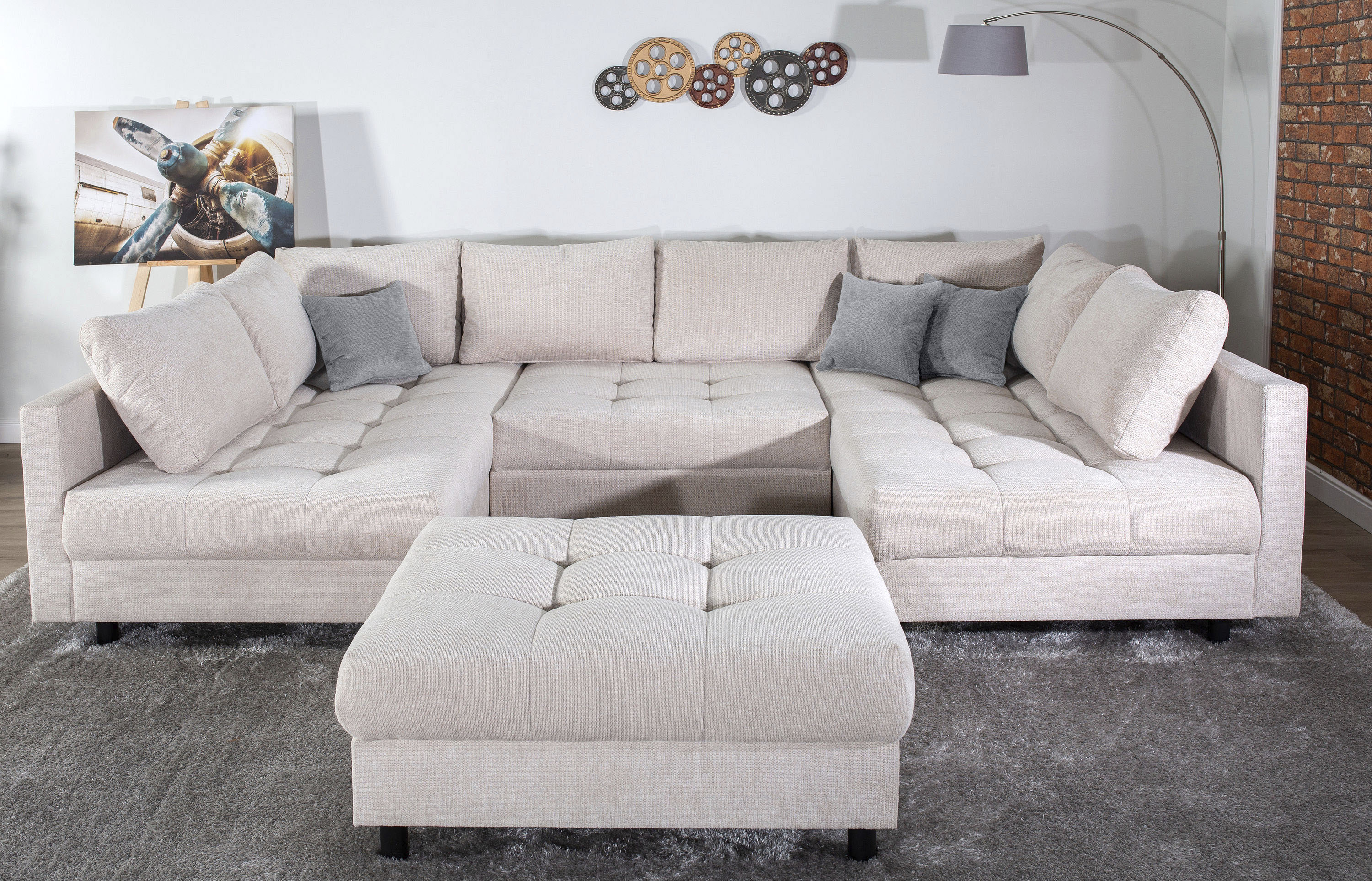 COLLECTION AB Wohnlandschaft "Toni U-Form, B: 298 cm, XXL-Liegefläche 282x178 cm mit Hocker" Set: Sofa & Hocker, 3 Zierkissen, Federkern
