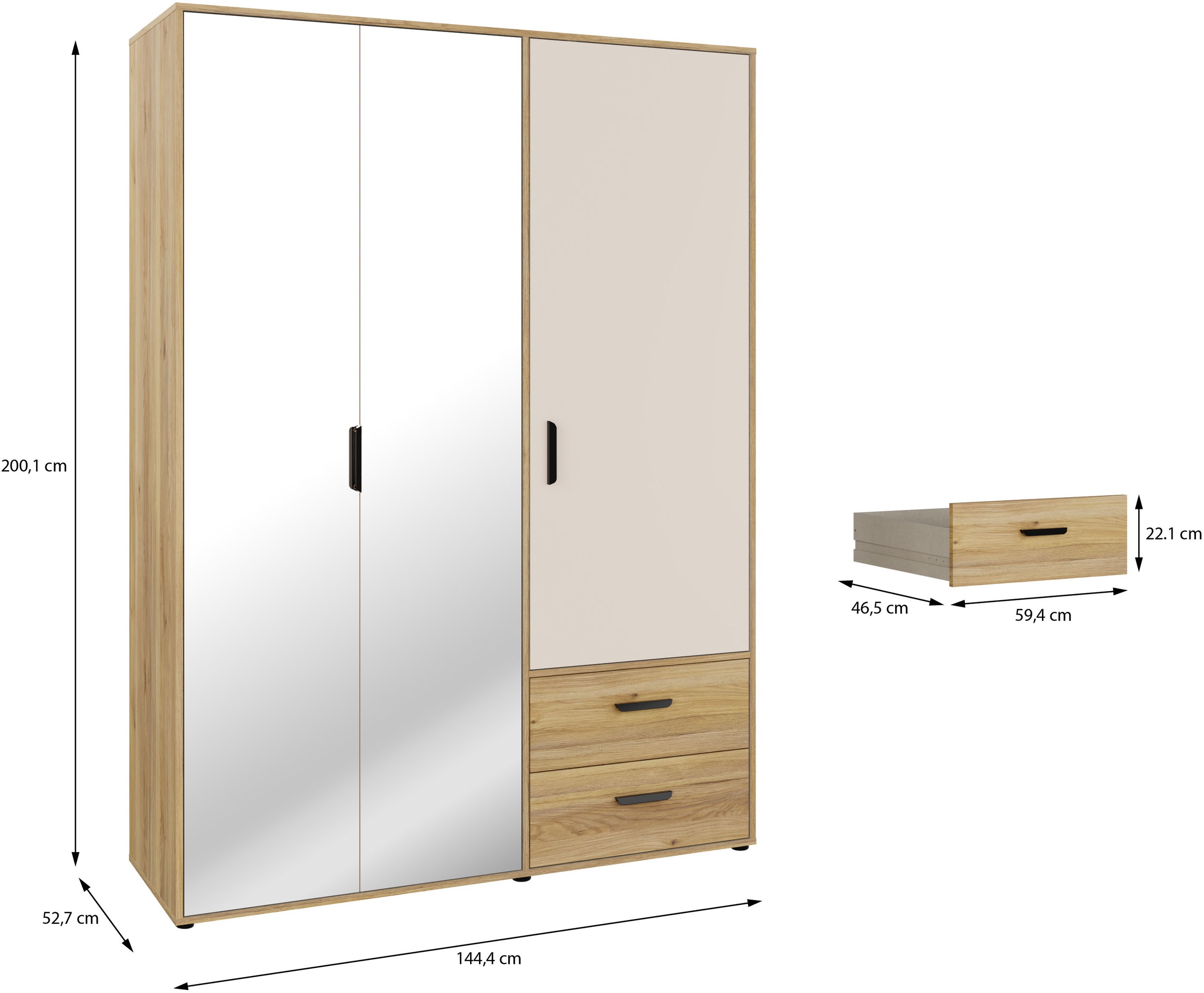 FORTE Drehtürenschrank »Schrank mit Spiegel, zeitloses Design, 3türig« viel Stauraum, Schubladen, Spiegeltürenm Höhe 200 cm