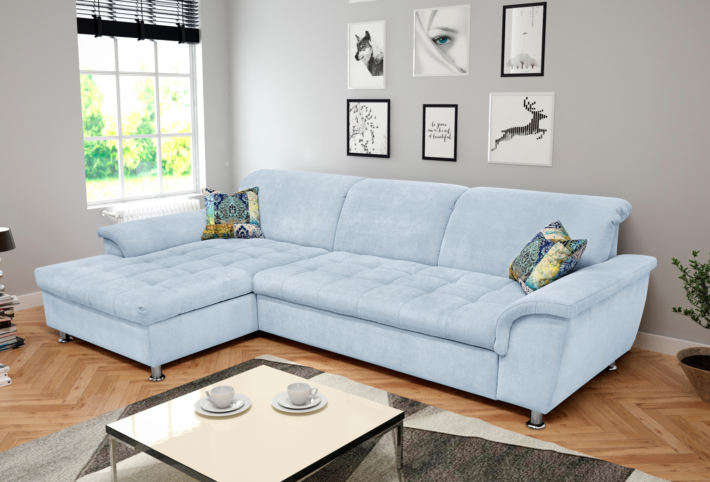 DOMO collection Ecksofa "FRANZI 278x170x81 cm, Steppung im Sitzbereich, L-Form" wahlweise mit Bettfunktion, Bettkasten und Kopfteilverstellung