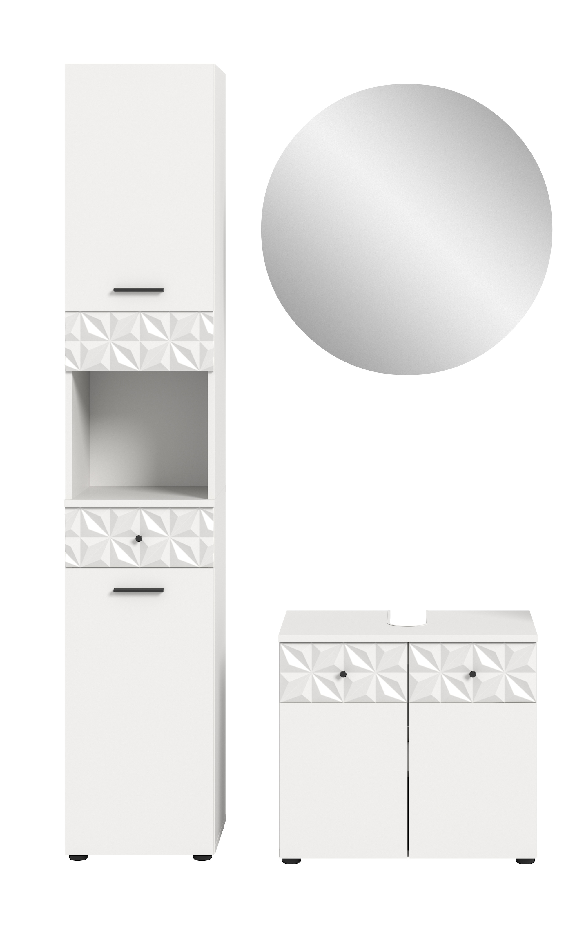 INOSIGN Badezimmer-Set »VICENZA, TOPSELLER!, Breite 110cm, 3-teilig, mit Ornamentabsetzung«, (best. aus: Hochschrank, Waschbeckenunterschrank und Spiegelschrank), Hochschrank, Waschbeckenunterschrank und Spiegelschrank