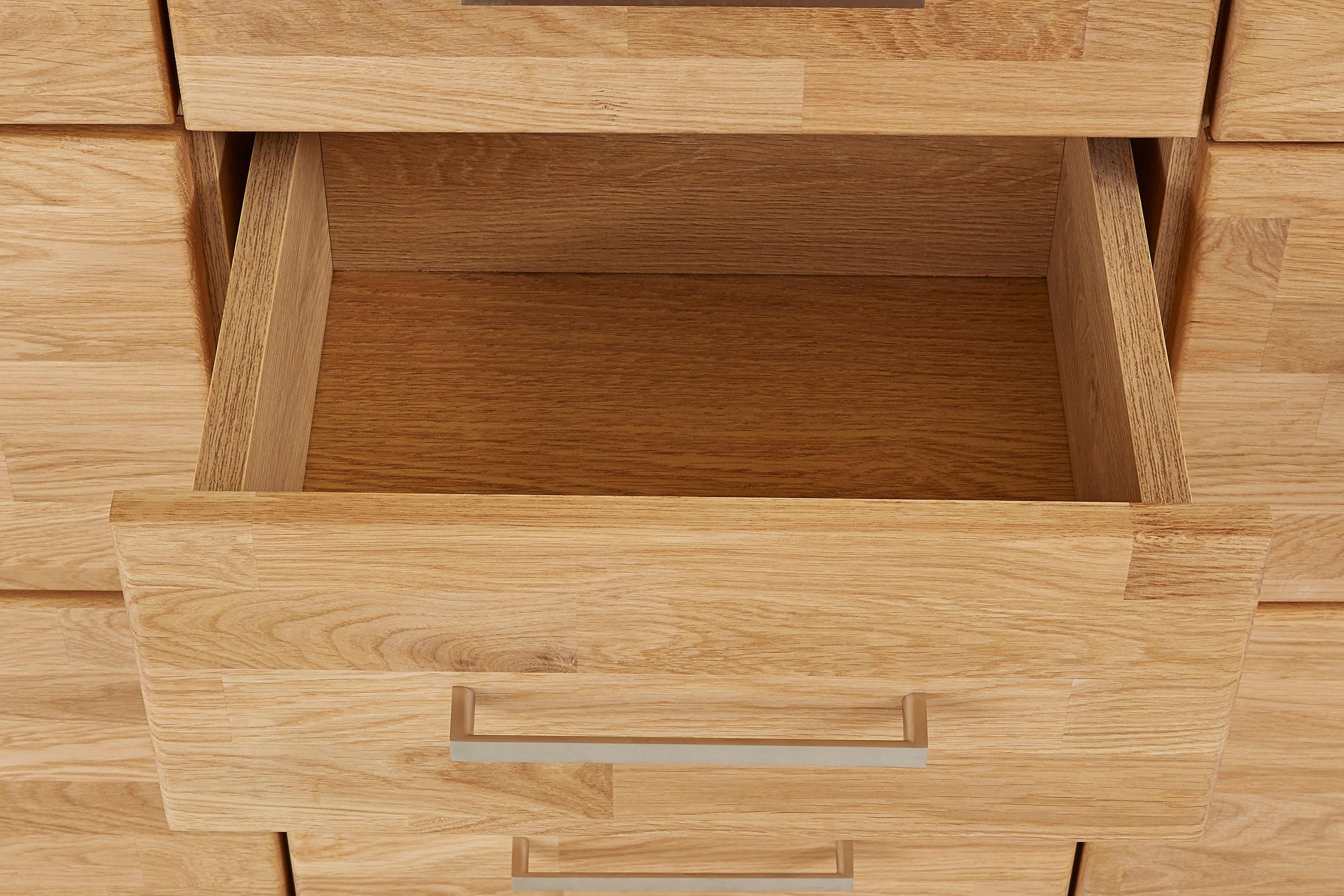 Home affaire Highboard »Ribe,125cm breit,115cm hoch, Fronten Massivholz,5Türen,3 Schubladen«, Holz massiv, Holzwerkstoff, Metall Griffe,10Fächer, Böden versetzbar