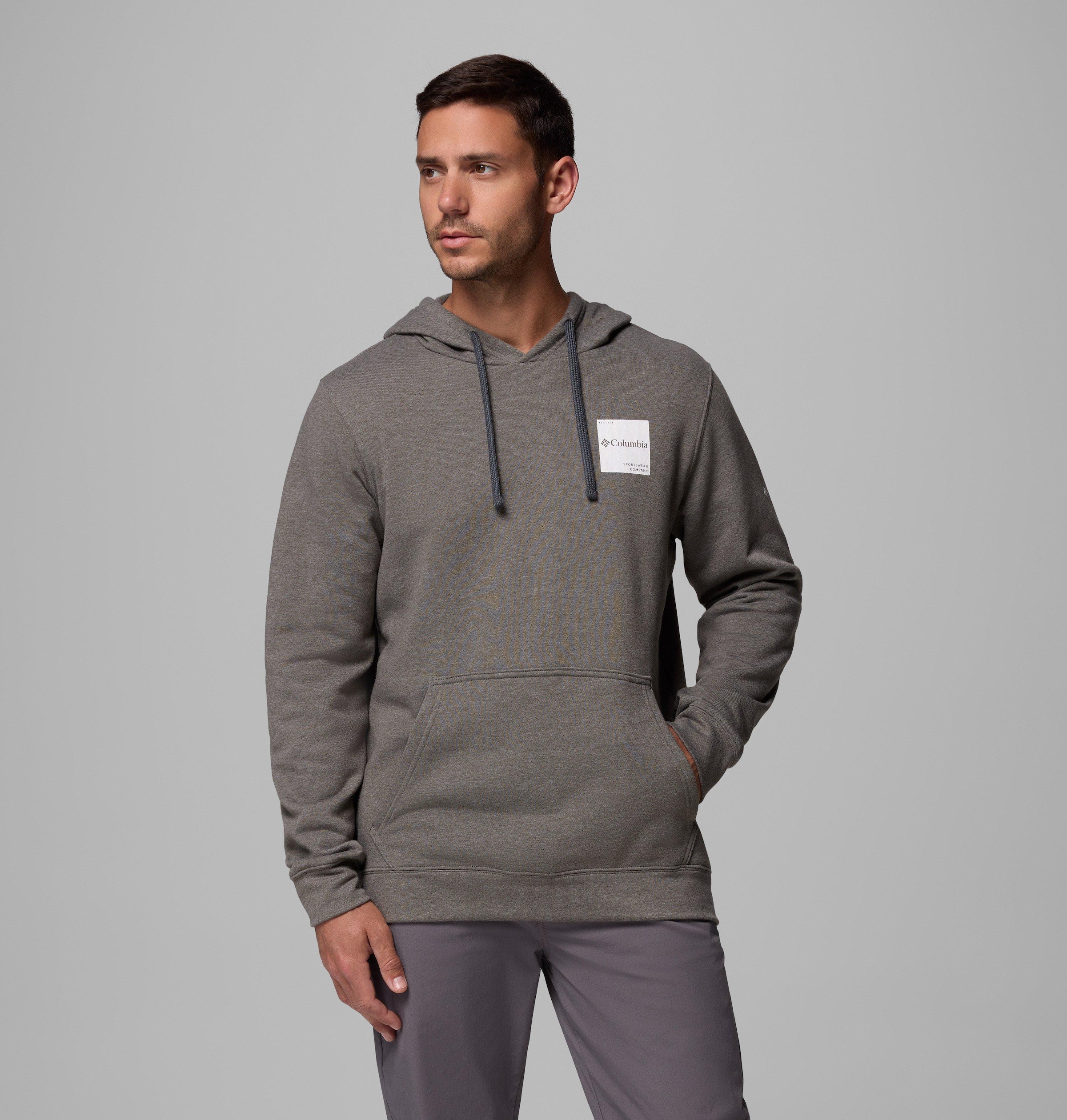 Kapuzensweatshirt COLUMBIA "Columbia Trek™ Hoodie", Herren, Gr. M (48), charcoal heather, boxy brand, Sweatware, Obermaterial: 67% Baumwolle, 33% Polyester, Rippbündchen, Sweatshirts, für sportliche Aktivitäten, mit Kapuze und Kordelzug, mit Logodruck