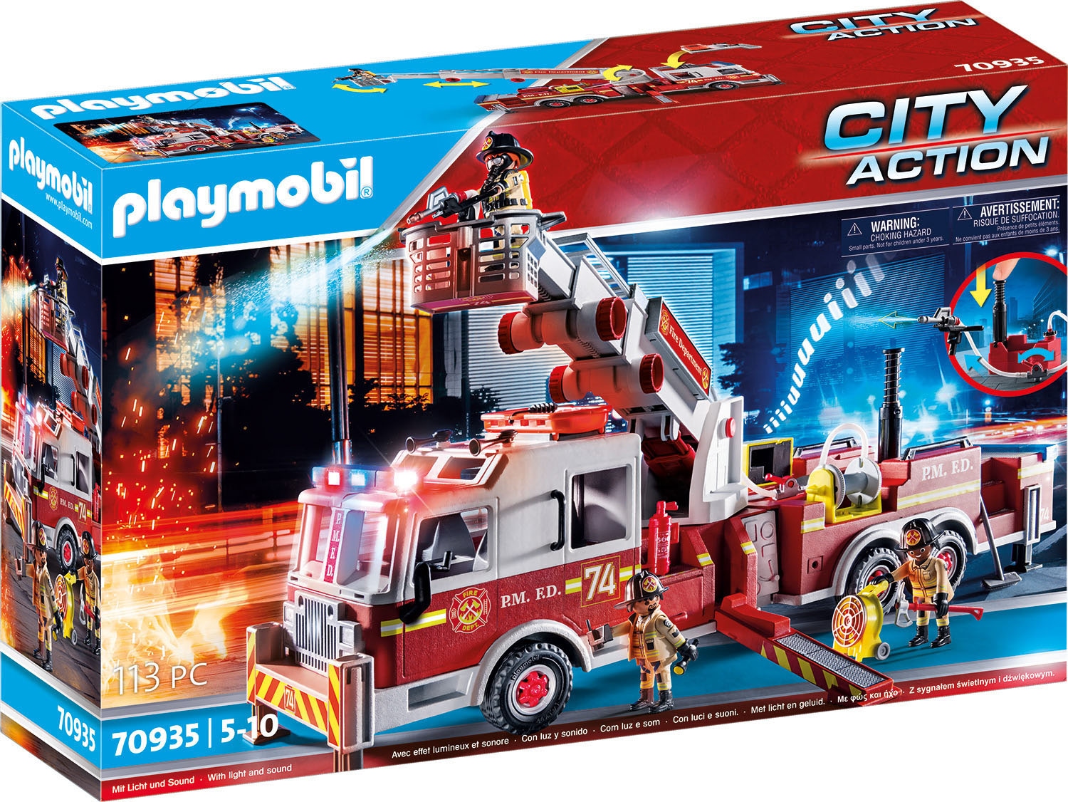 Playmobil® Konstruktions-Spielset »Feuerwehr-Fahrzeug: US Tower Ladder (70935), City Action«, (113 St.), mit Licht- und Soundeffekten, Made in Germany