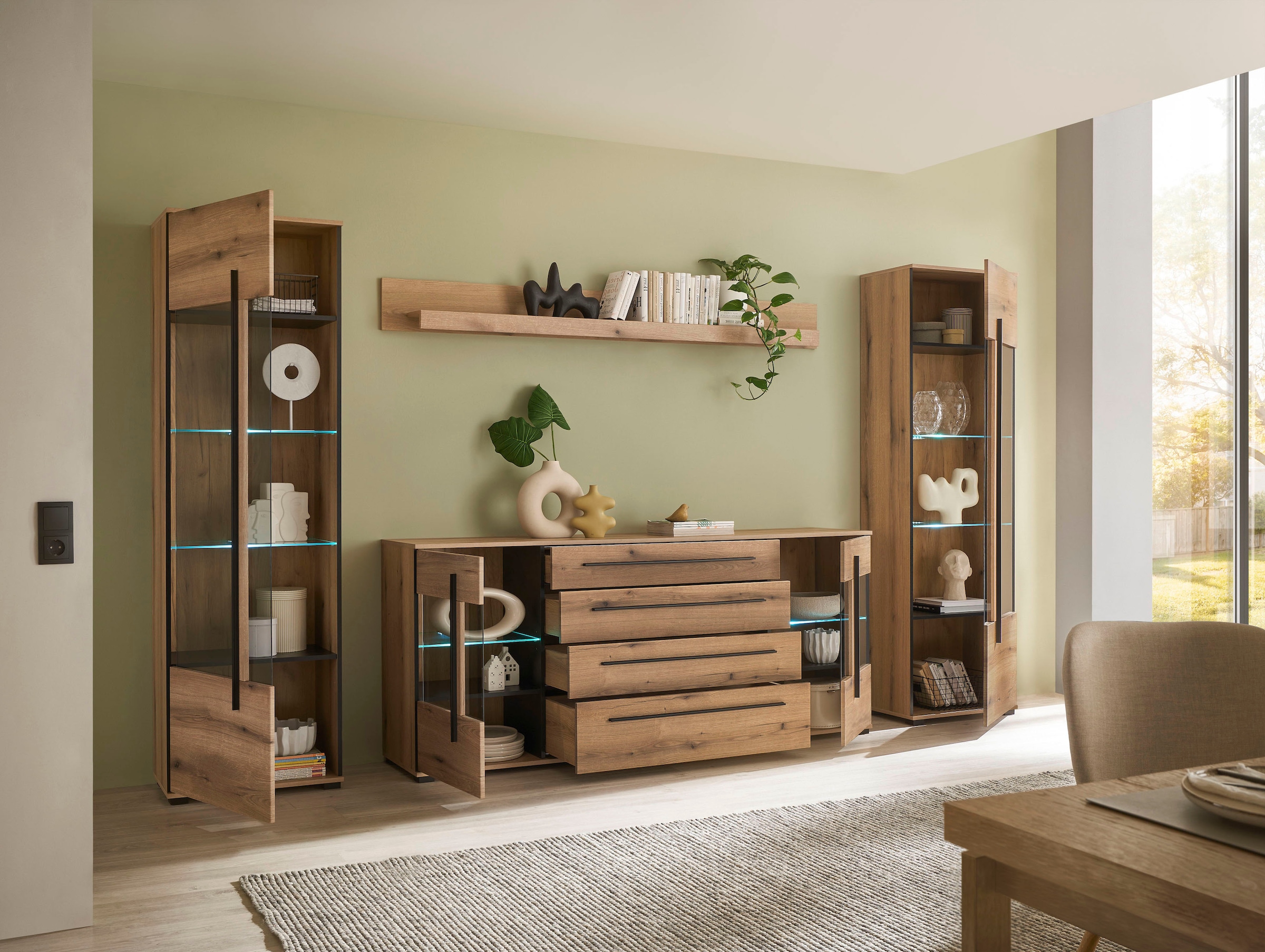 INOSIGN Wohnwand »Cantara, moderne Anbauwand, Wohnzimmer-Set, in Eiche Evoke oder Weiß«, (Set), enthält zwei Vitrinen, ein Sideboard und ein Wandboard