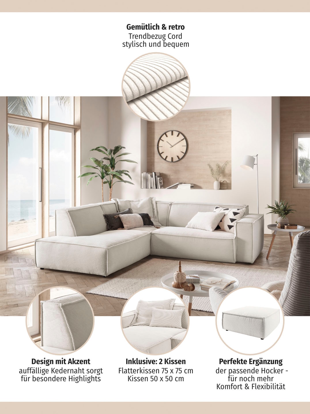 3C Candy Ecksofa »Matteo in elegant, kubischer Formensprache, bequem, L-Form«, mit auffälliger Kedernaht, Cord-Bezug, Lounge-Charakter