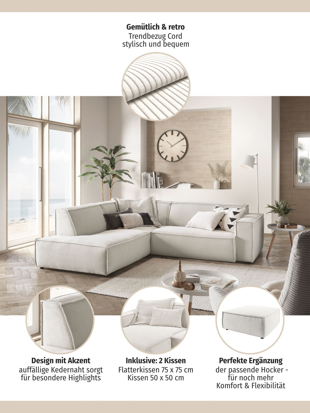 Thumbnail - 3C Candy Ecksofa "Matteo in elegant, kubischer Formensprache, bequem, L-Form" mit auffälliger Kedernaht, Cord-Bezug, Lou...