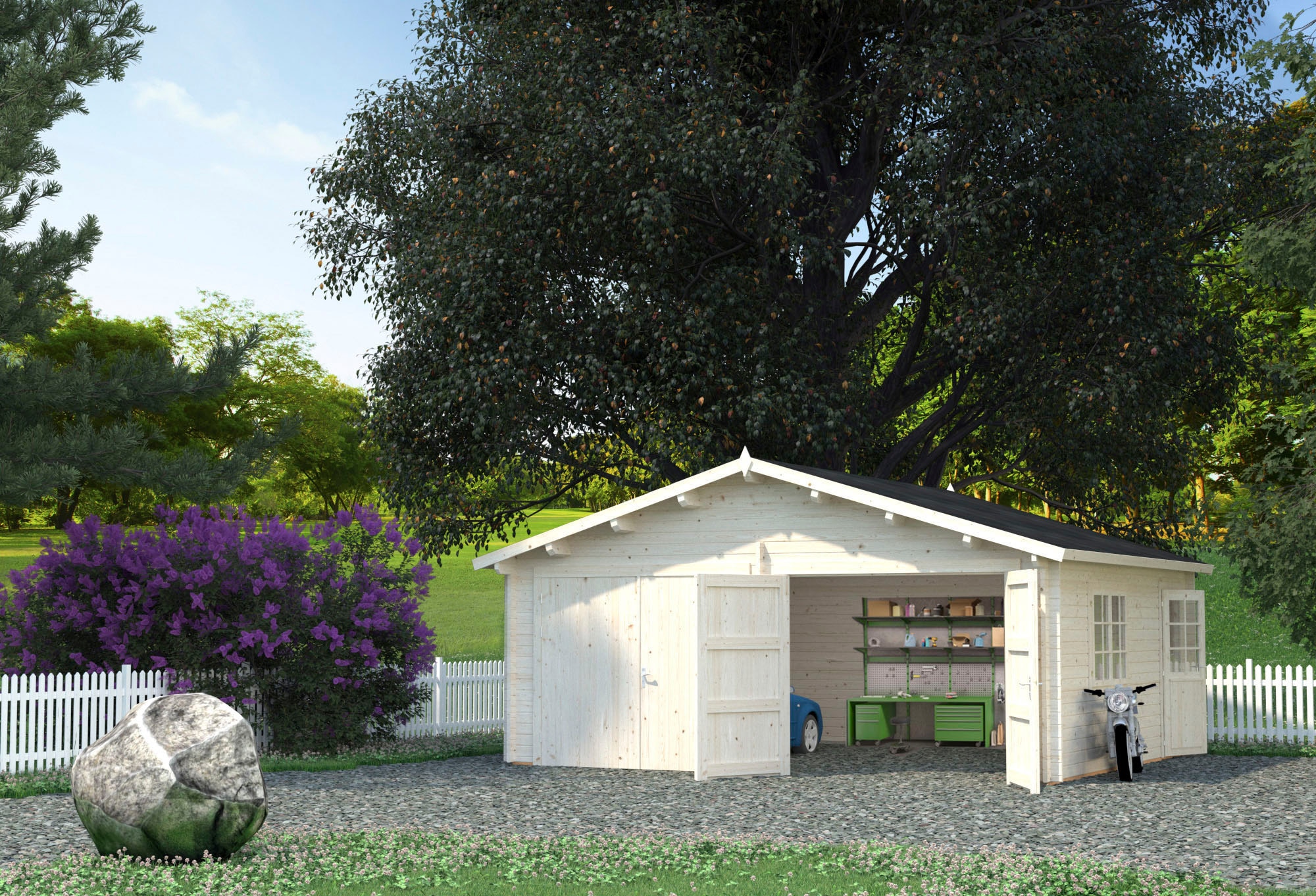 Palmako Roger 5.7m x 5.1m Log Cabin Double Garage (44mm) - Double Doors