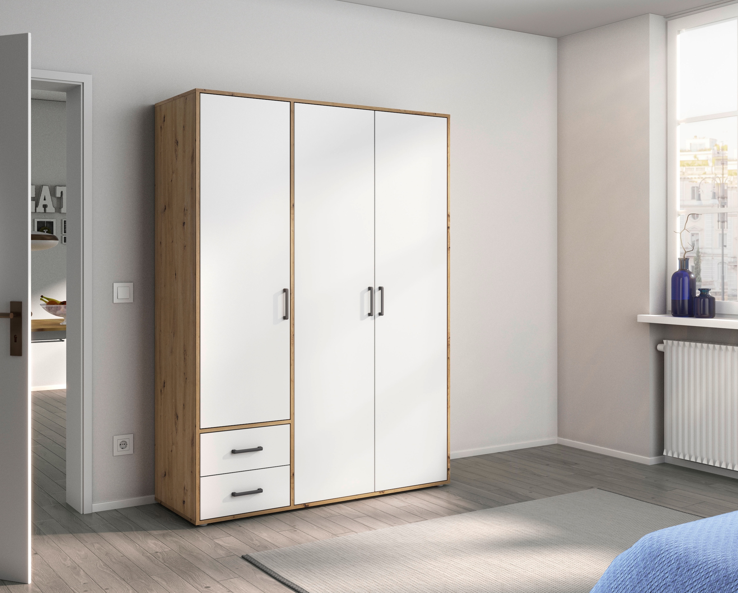 rauch Drehtürenschrank »Kleiderschrank Schrank Garderobe Wäscheschrank VOYAGER«, (in 3 verschiedenen Ausstattungen BASIC/CLASSIC/PREMIUM), moderne Griffe in Graumetallic mit Außenschubkästen MADE IN GERMANY