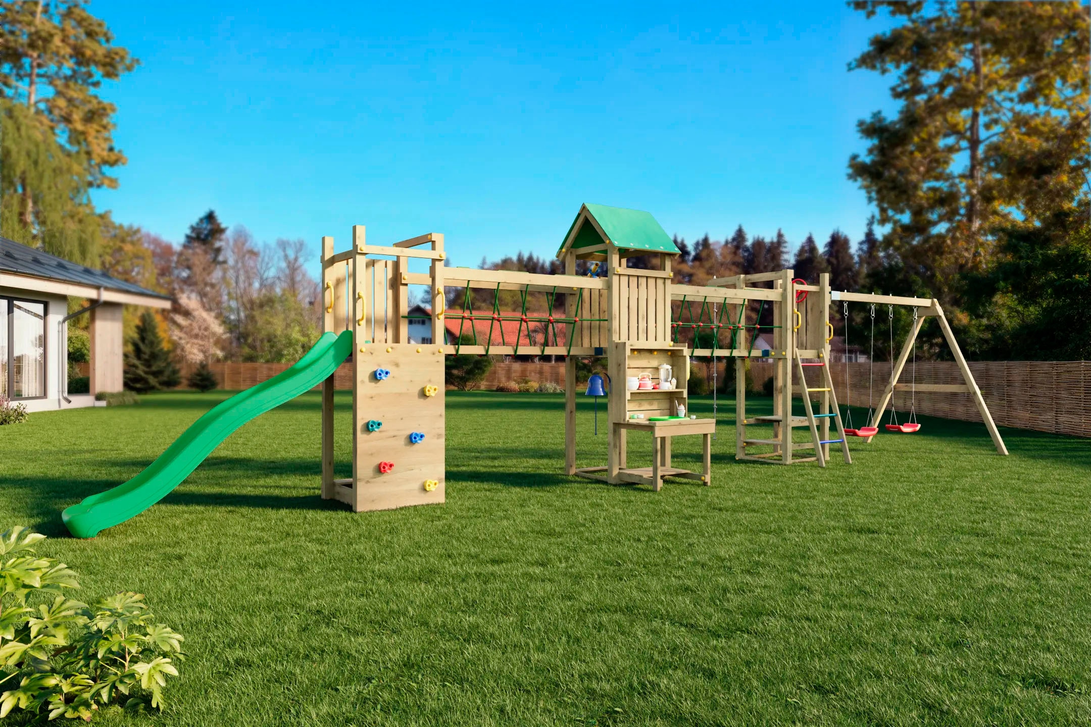 FUNGOO Spielturm »Maxi Funny Space Longer, mit Rutsche, Doppelschaukel, Kletterwand«, Picknicktisch; Made in Europe