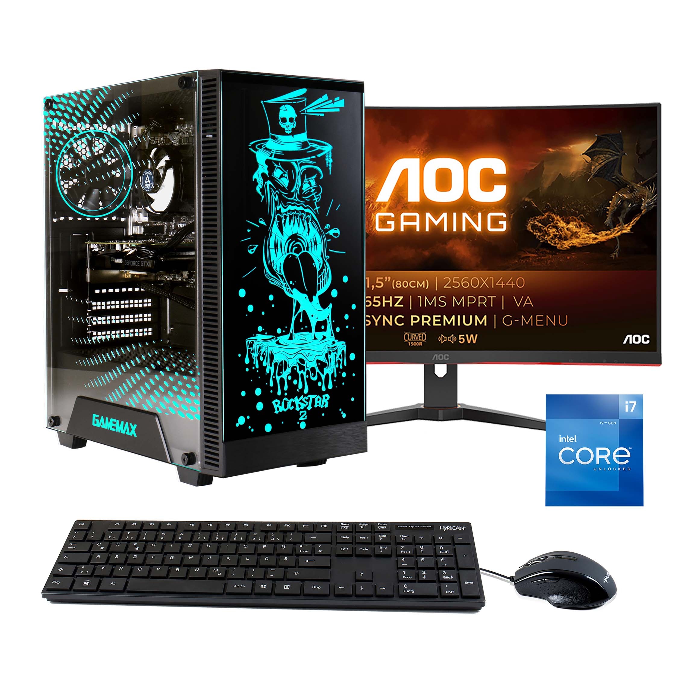 Hyrican Gaming-PC-Komplettsystem »Rockstar SET02304«, Windows 11,Intel Core i7-12700F,inklusive 31,5"Monitor AOC CQ32G2SE/BK