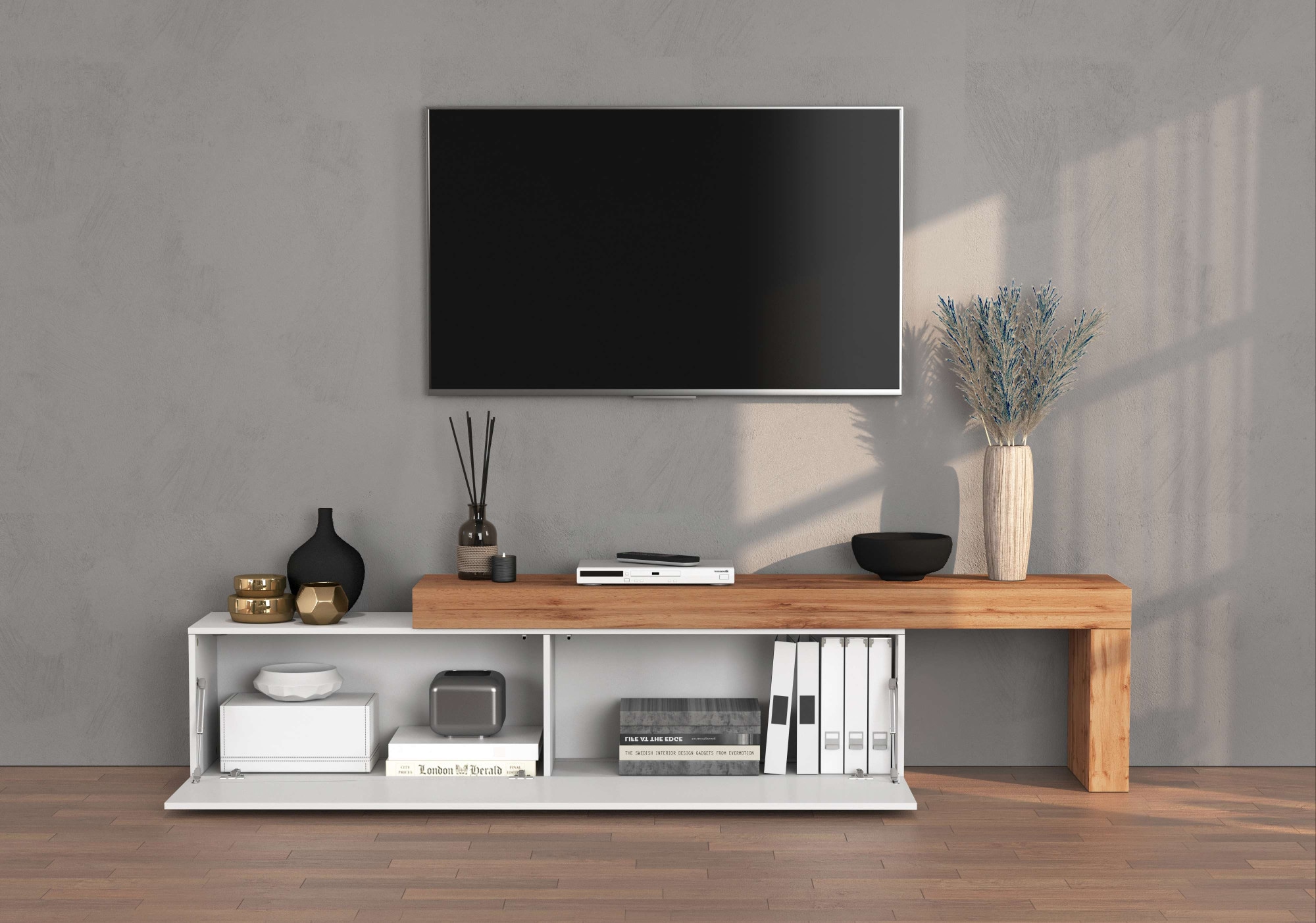 INOSIGN Lowboard »Chronos TV-Board, TV-Schrank«, (1 St., Breite verstellbar von 190 bis 350 cm), Breite 270 cm TV-Board,Lowboard,1 Klappe und ein L-Förmiger Aufsatz