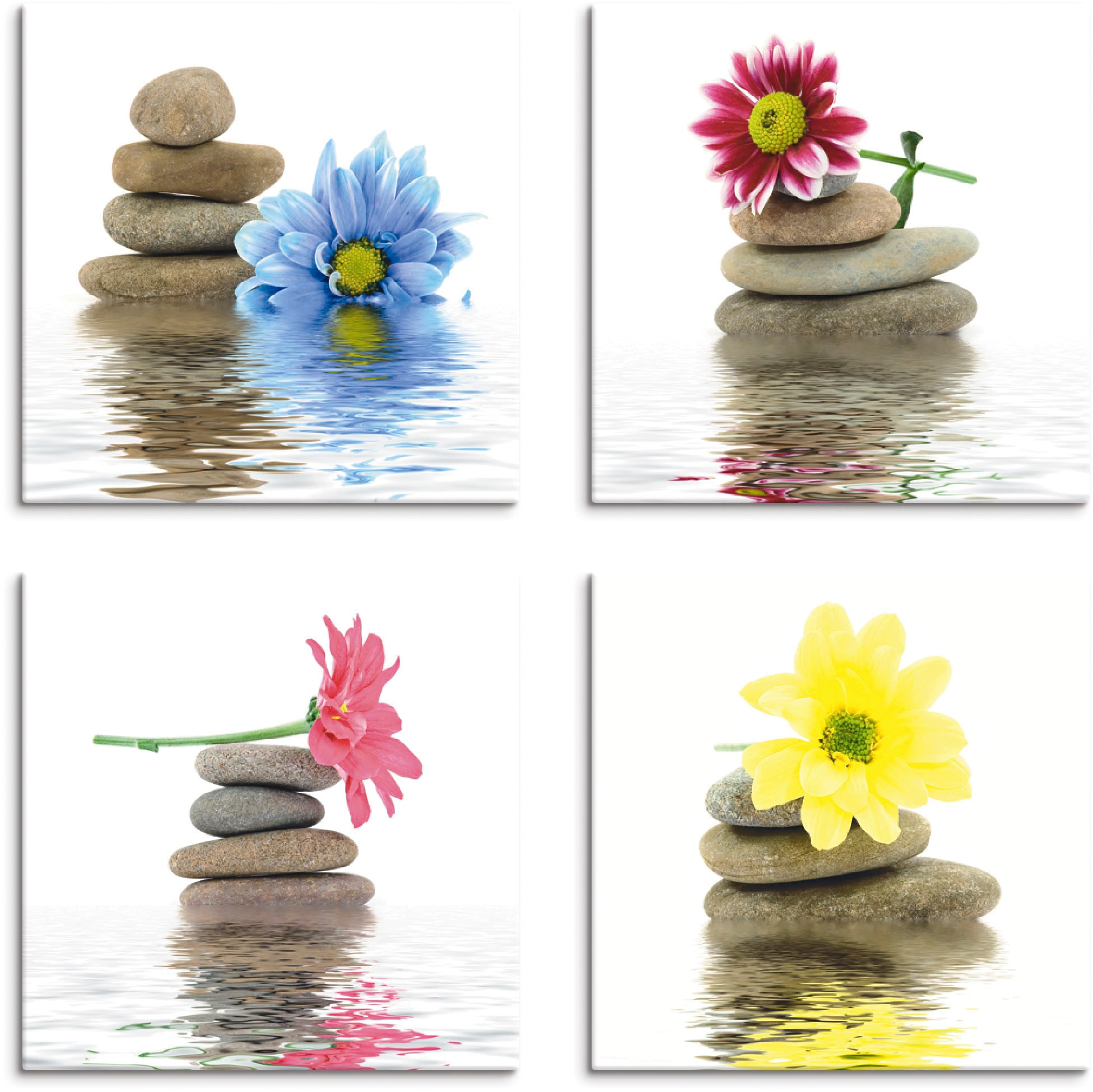 Artland Leinwandbild "Zen Therapie-Steine mit Blumen", Zen, (4 St.), 4er Set, verschiedene Größen