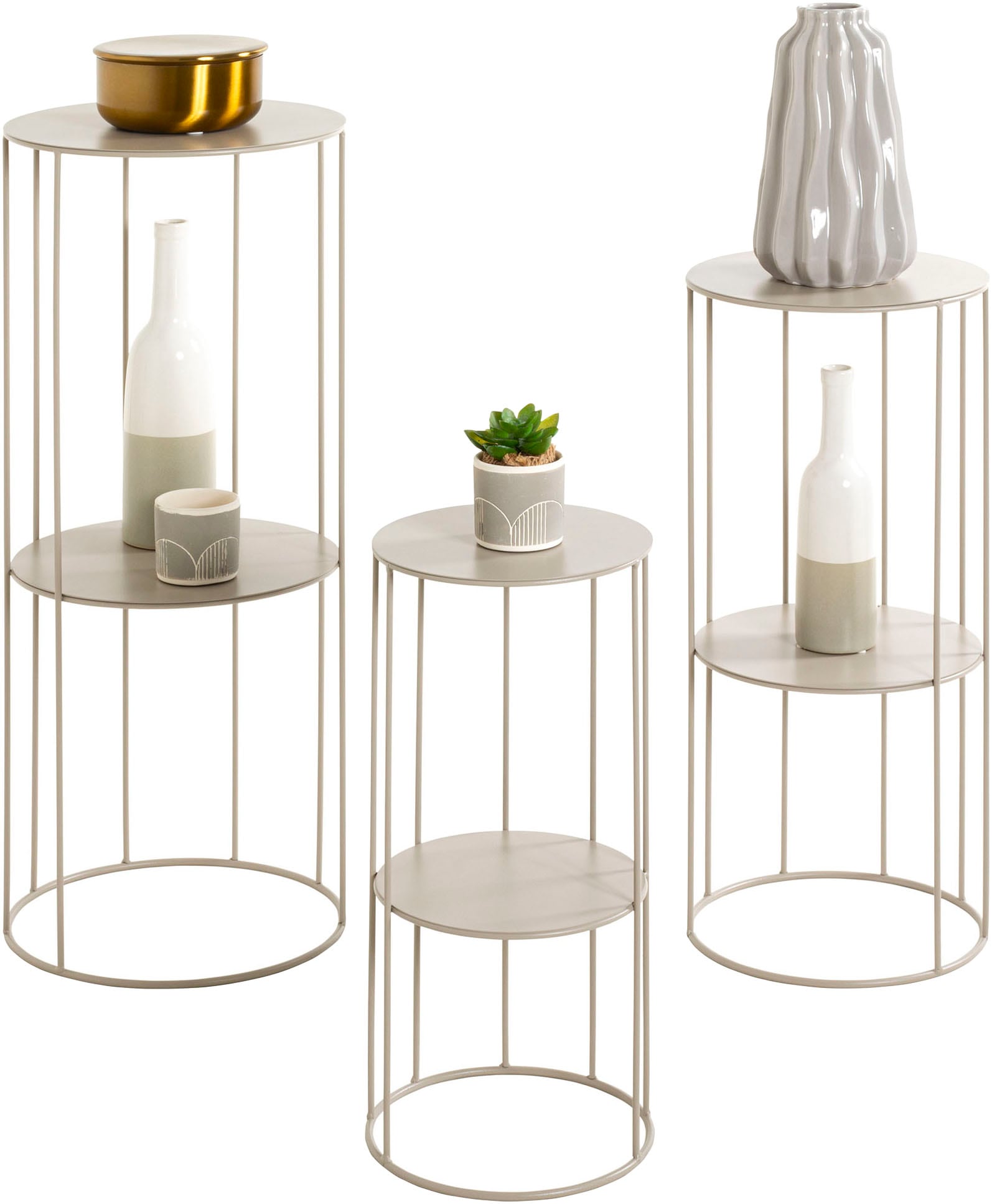 HAKU Blumentisch "Blumenpodest, Blumenständer, Pflanzsäule" Set, 3er Set, 3 Stk. tlg. rund - aus Metall Grau - Ø/H 21/45 und 25/57 cm