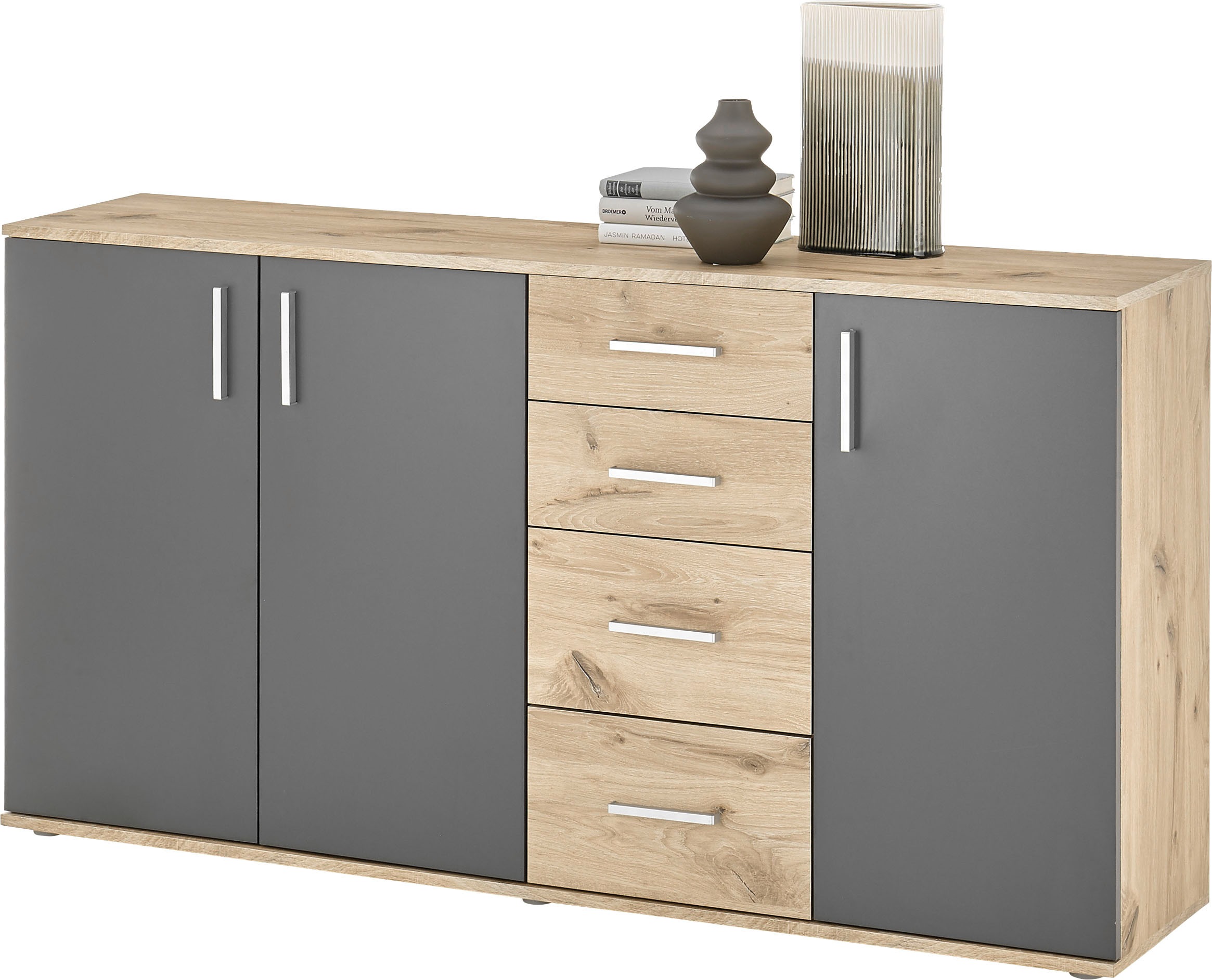 HBZ Kommode "BC-Drift-2, Sideboard Stellmaß BxHxT 160x84x35 cm", (1 St.), Sideboard mit 3 Türen und 4 Schubkästen, 2 Ein